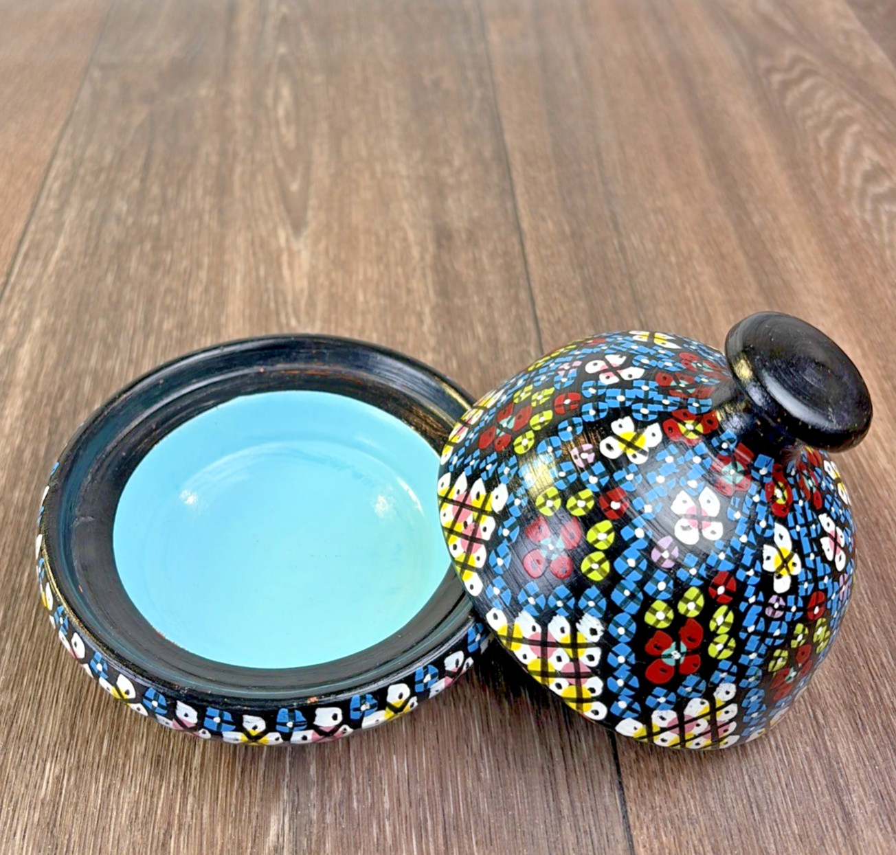 Hand Painted Moroccan Terracotta Clay Pottery Tagine Dish 4″ Signed Trinket