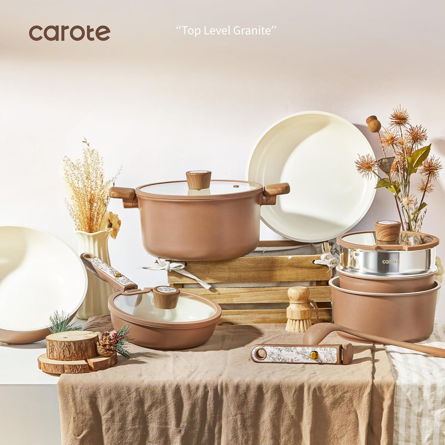 25-Piece Nonstick Ceramic Cookware Set, Induction Compatible, Chocolate