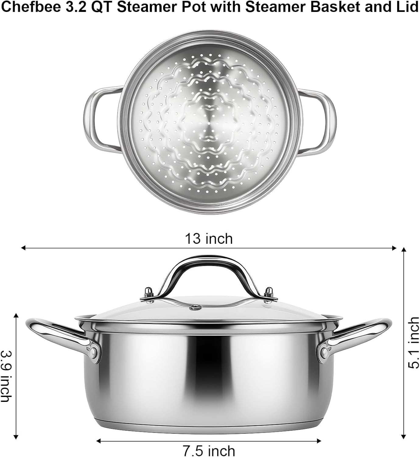 Stainless Steel Steamer Pot – 3.2QT Steamer for Cooking with Food Basket, Ste…