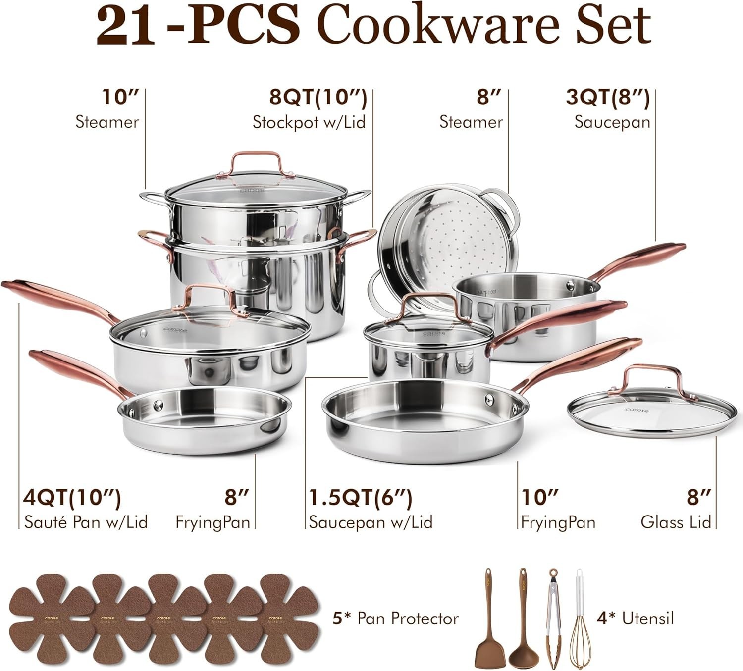Comprehensive 21-Piece Stainless Steel Cookware Set – Oven & Dishwasher Safe