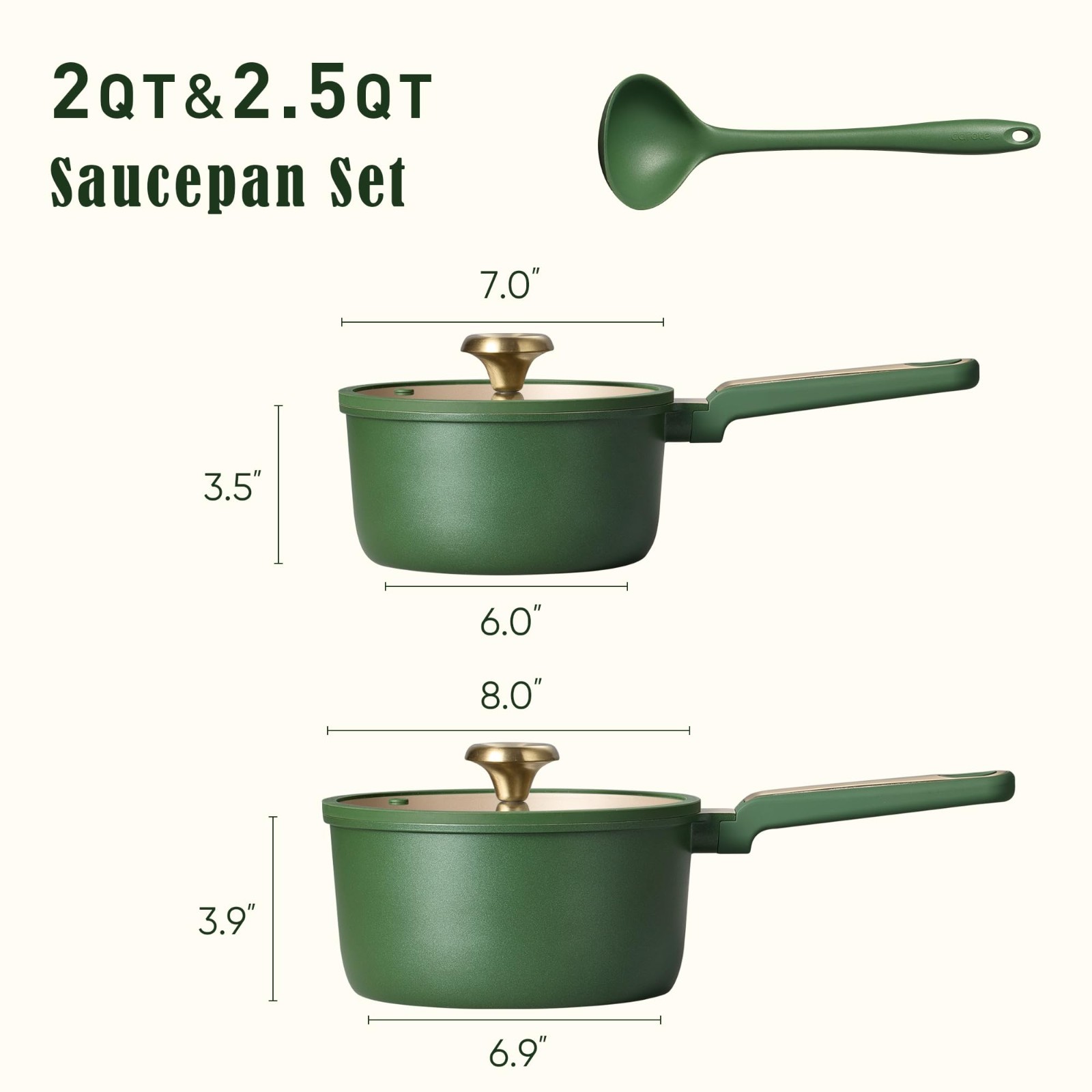 Nonstick 2QT & 2.5QT Saucepan Set with Lid & Ladle, Induction Compatible, Easy C