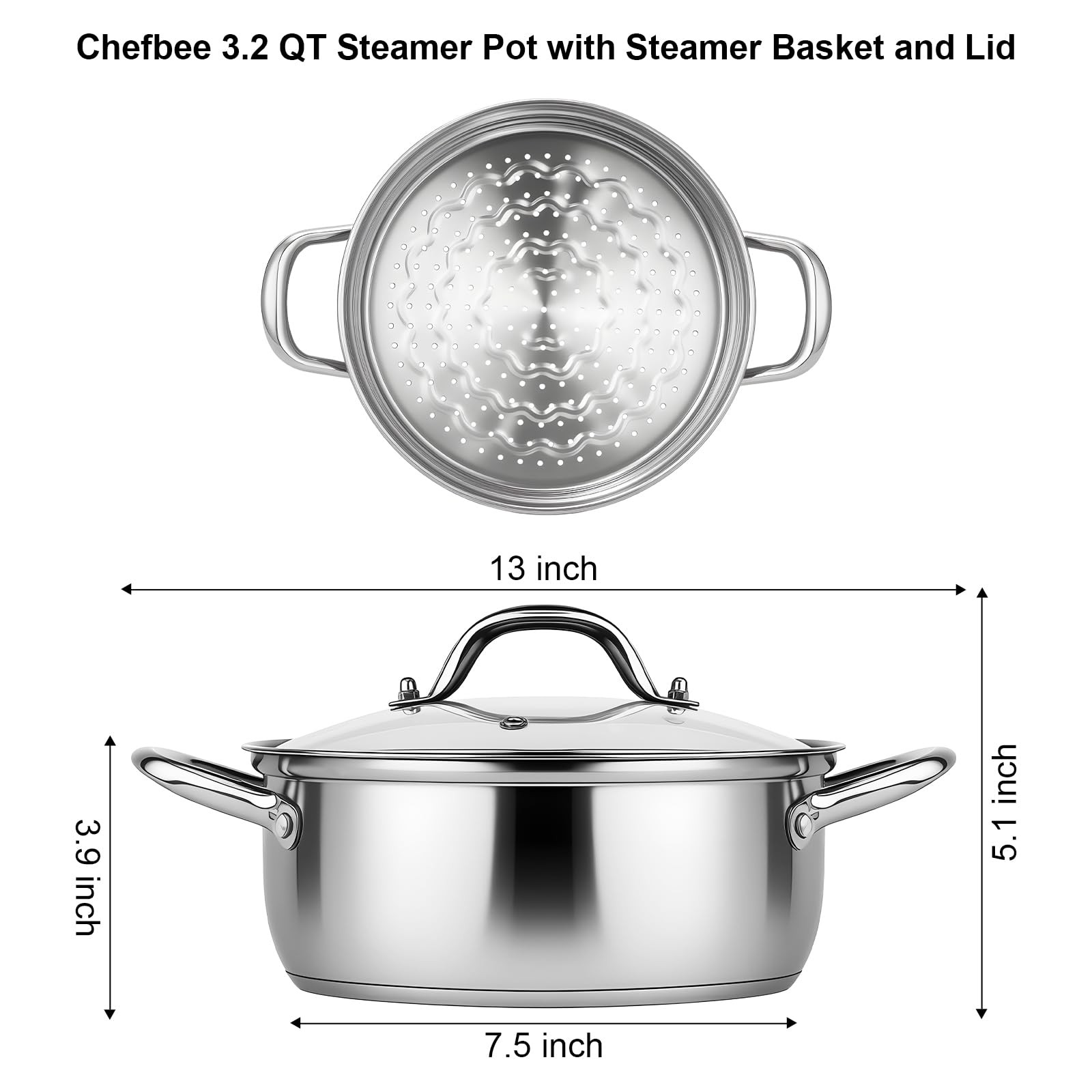 Chefbee Stainless Steel Steamer Pot – 3.2QT Steamer for Cooking with Food Bas…