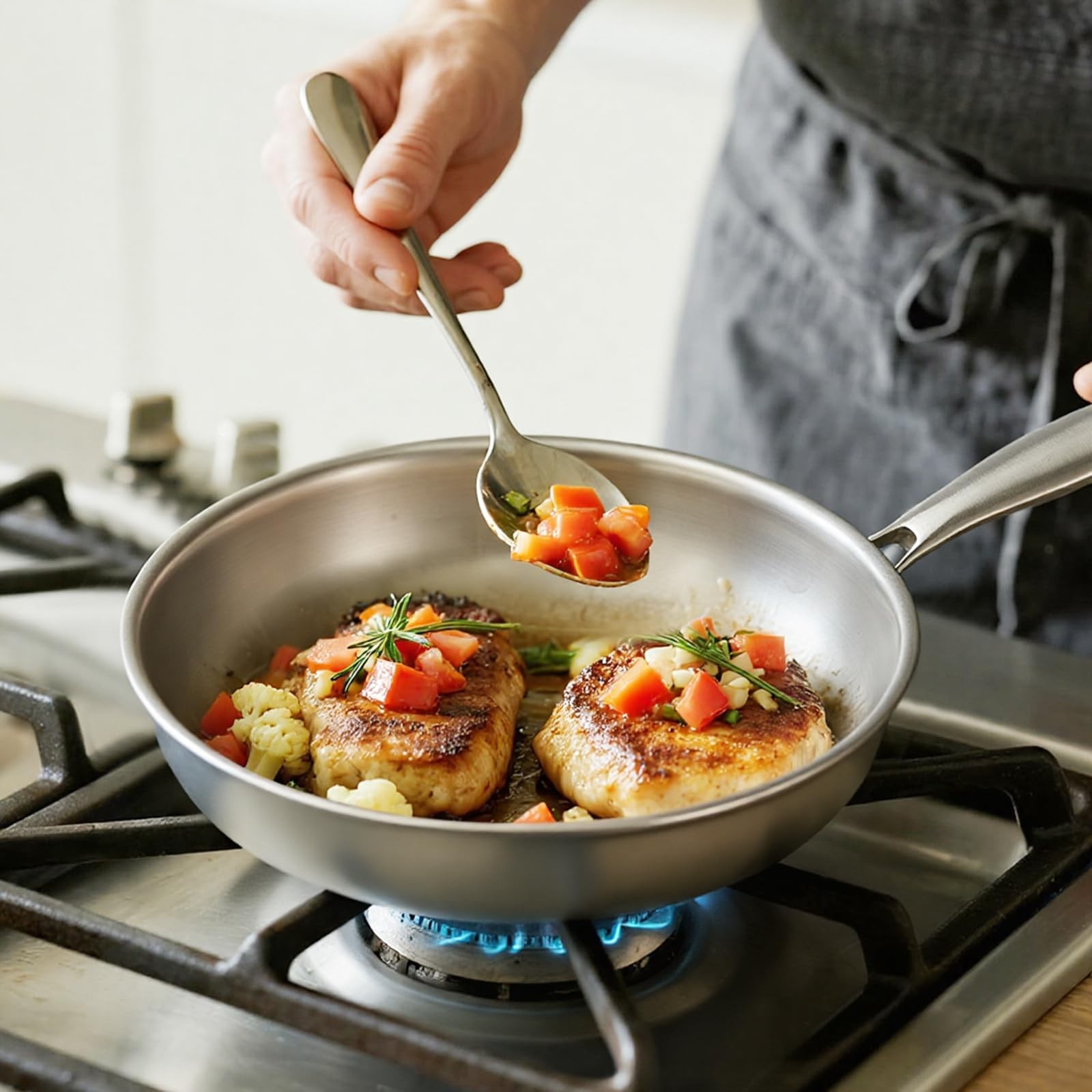 Kirecoo Tri-Ply Stainless Steel Pan – 12 Inch Frying Pan, Fast and Even Heat Sta