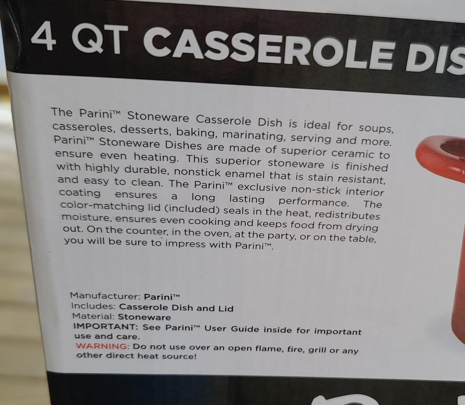 Parini 4 Quart Flameproof Casserole Red Ceramic, New in Box…… 10″ x 6″
