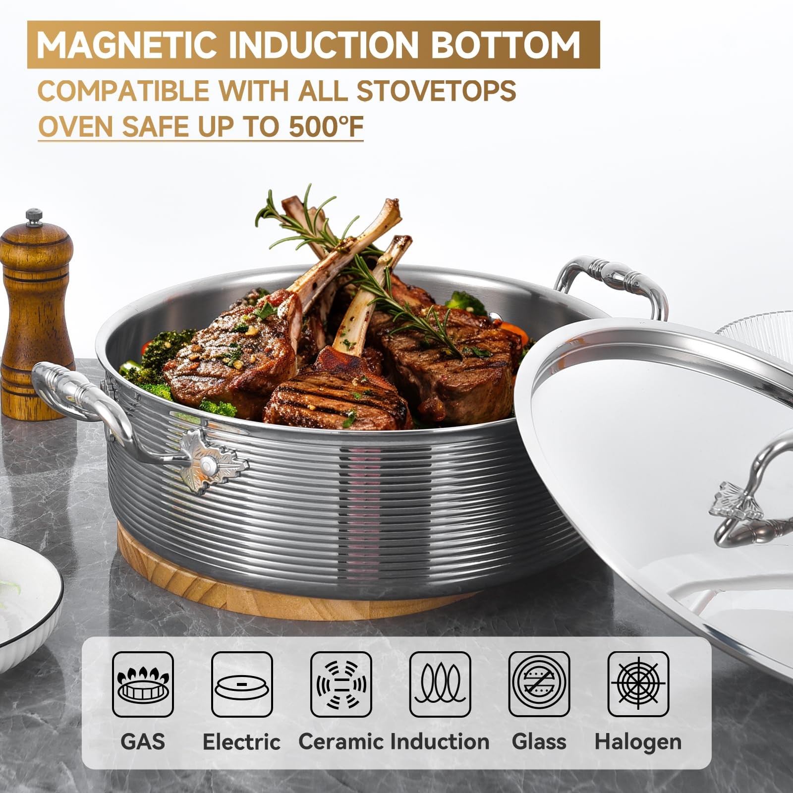 Tri-Ply Stainless Steel 7 Quart Rondeau Pot with Lid Braiser Pan, 12 inch Dee…