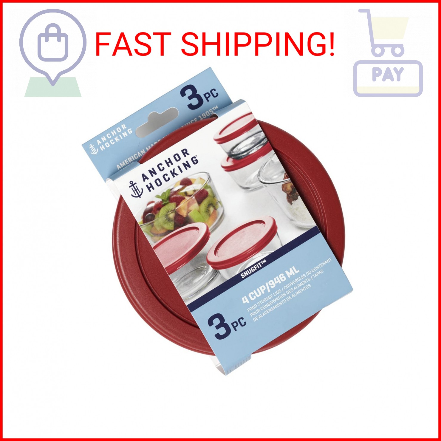 Anchor Hocking Replacement Lids for Glass Food Storage, 4 Cup Round, Set of 3 (A