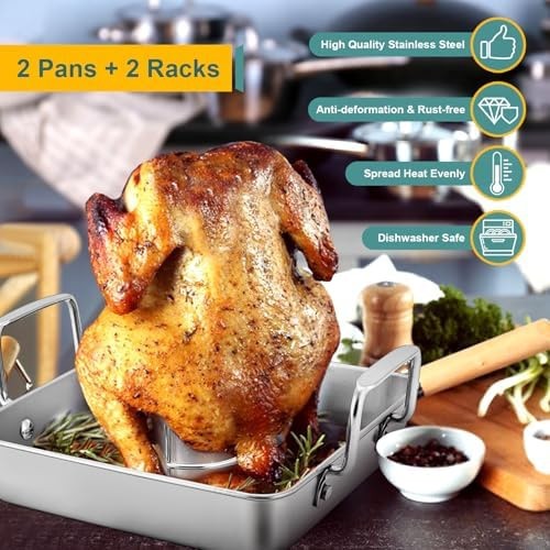 P&P CHEF Beer Can Chicken Holder with Roasting Pan Set, 9-inch Stainless Stee…
