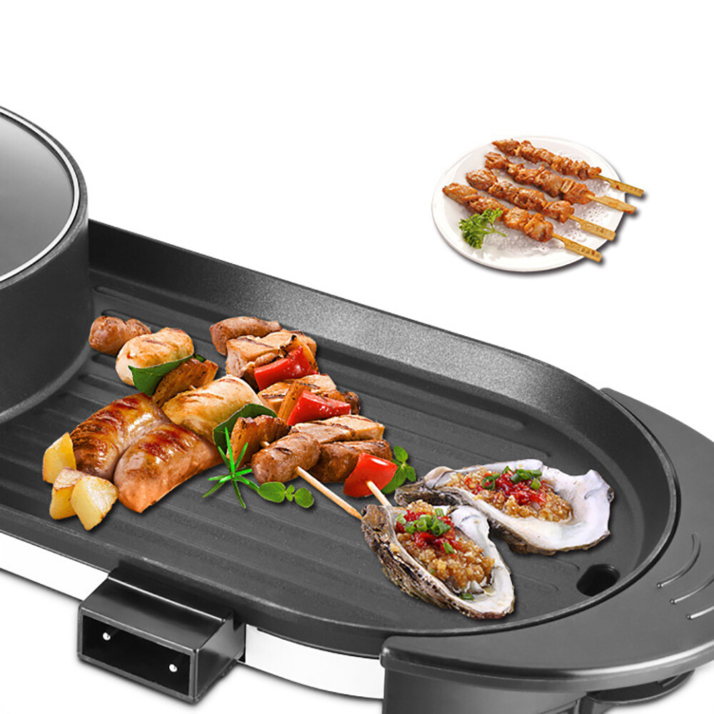2 In 1 Hot Pot Barbecue Grill Portable Electric Non-stick Teppanyaki Pan Soup