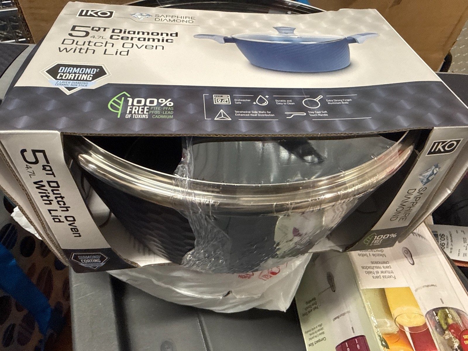 *C) IKO Diamond Ceramic Dutch Oven with Glass Lid Sapphire Diamond 5Qt 4.7L