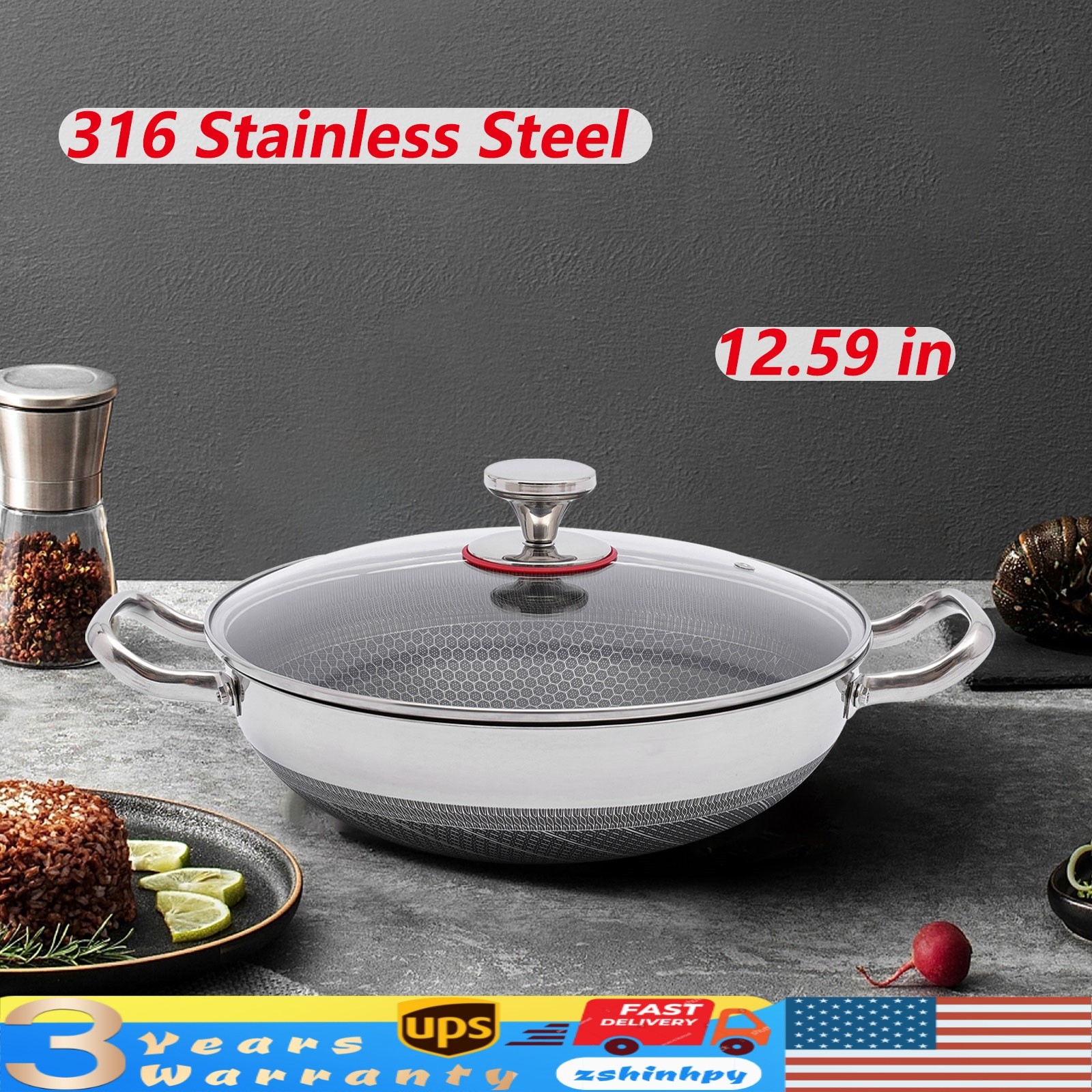 12-inch Stainless Steel Sauté Pan Skillet Non-stick Frying Pan With Lid