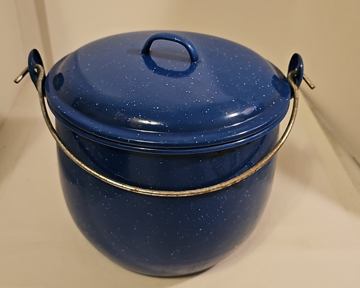 Enamelware Covered Stock Graniteware Handle Blue with White Speckles 6.5” Tall