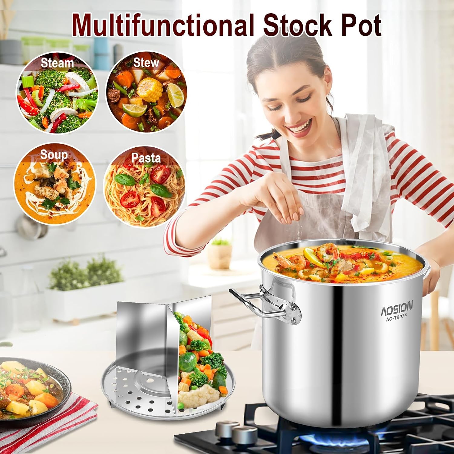 24QT Large Stainless Steel Stock Pot W/ Lid Steamer Rack & Divider Heavy Duty