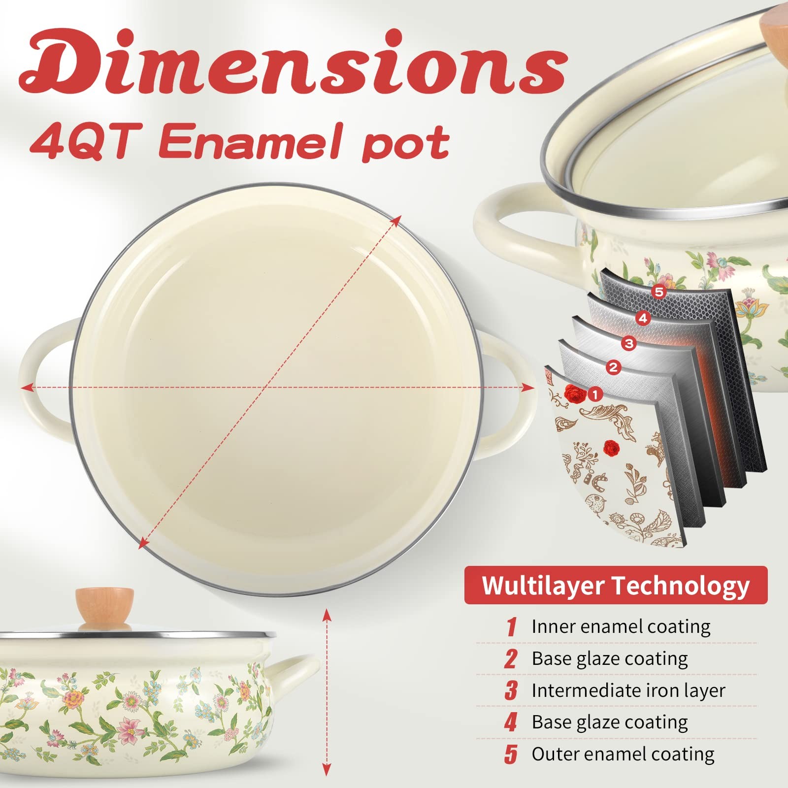 Enamel Stock Pot With Lid Floral Retro Cooking Non Stick Soup Induction STYLE1