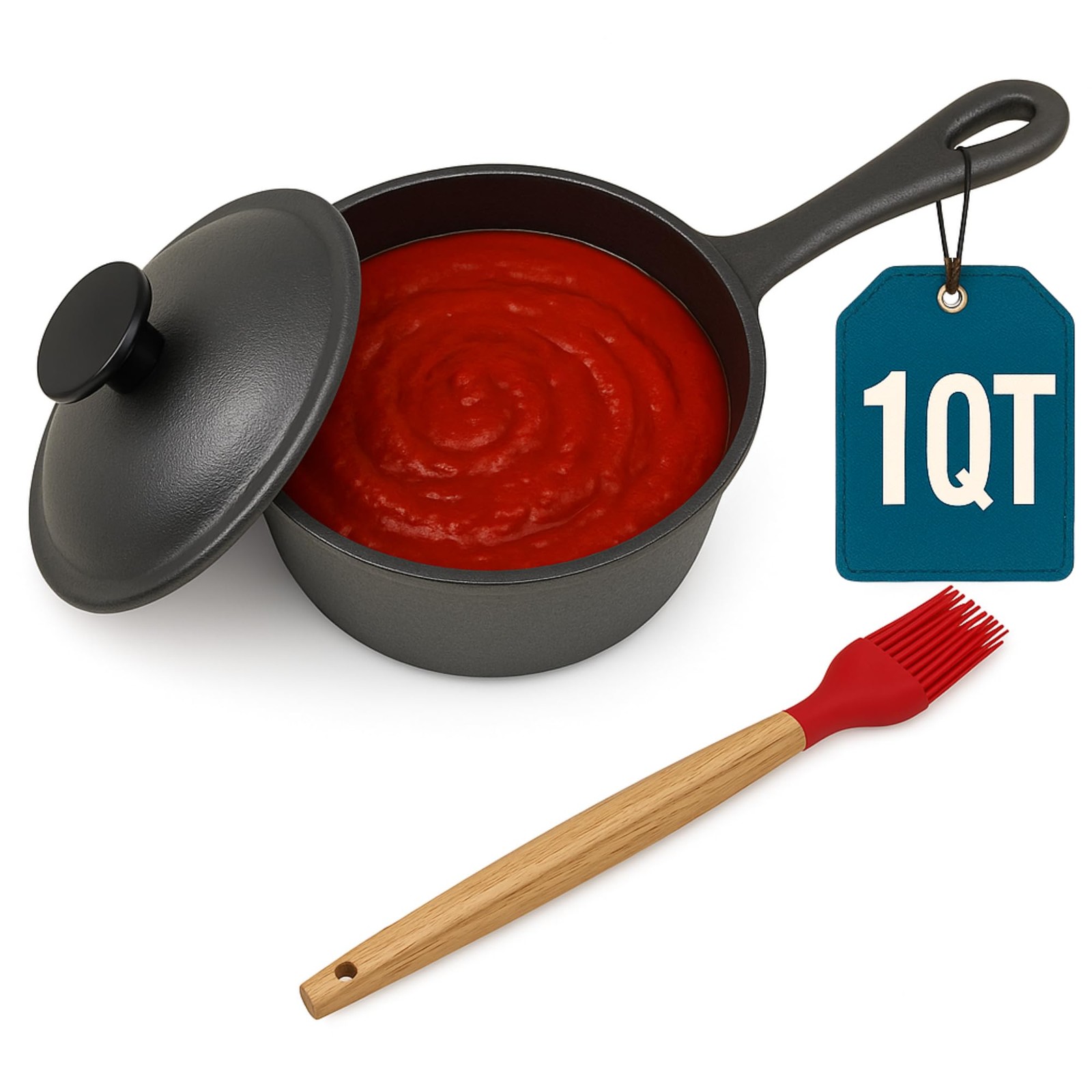 1 QT Cast Iron Sauce Pot With Lid Wood Brush Cooking Grilling 932F Max