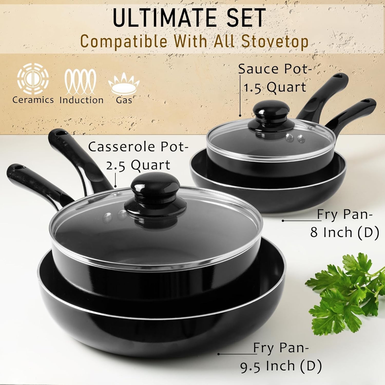 6 Pcs Black Nonstick Cookware Set, Pots And Pans Set Non stick With Glass Lid…