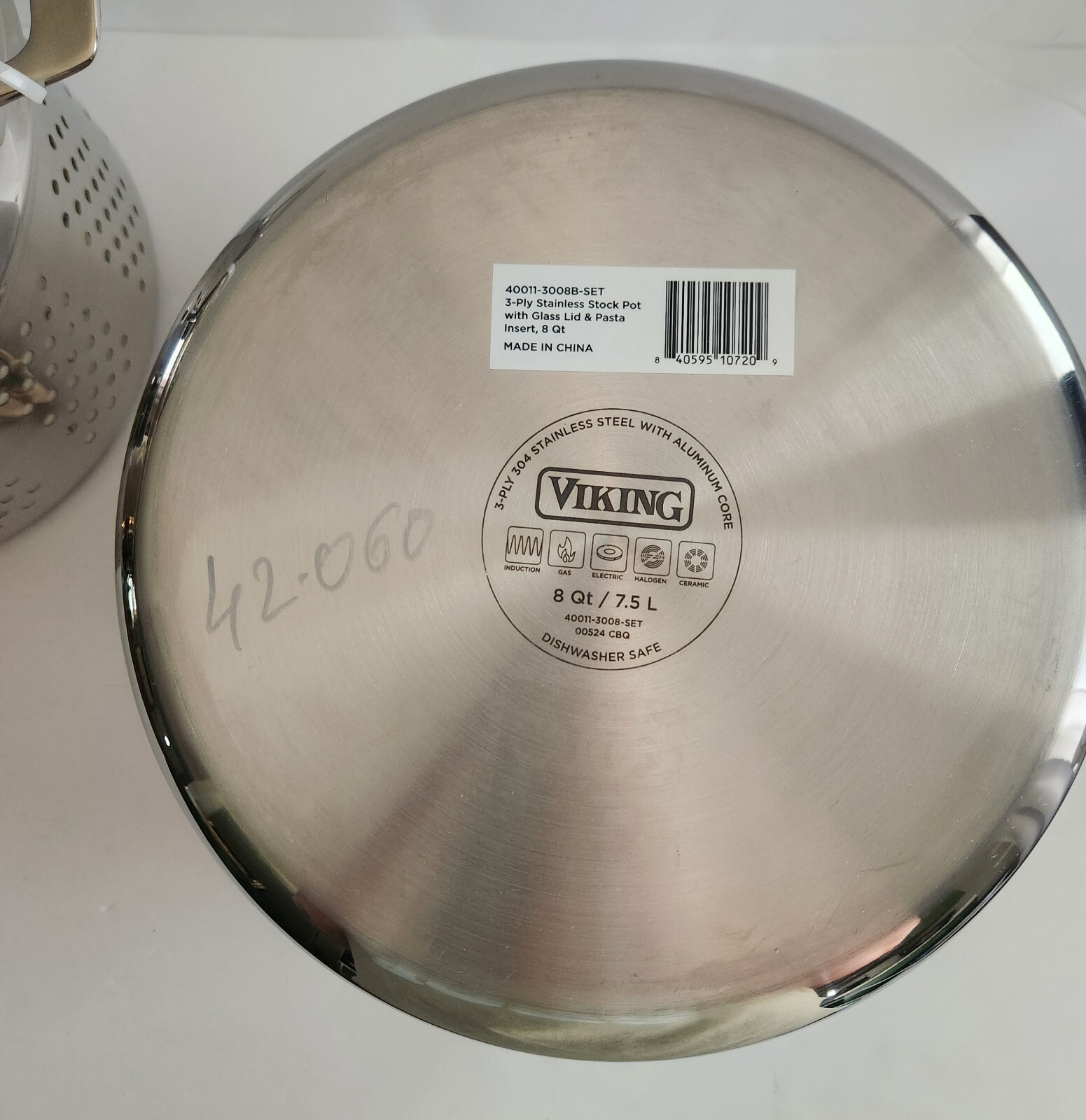 Viking 3-Ply Stainless Steel Stock Pasta Pot, Glass Lid 8 Qt/7.5L 9” D -NEW-