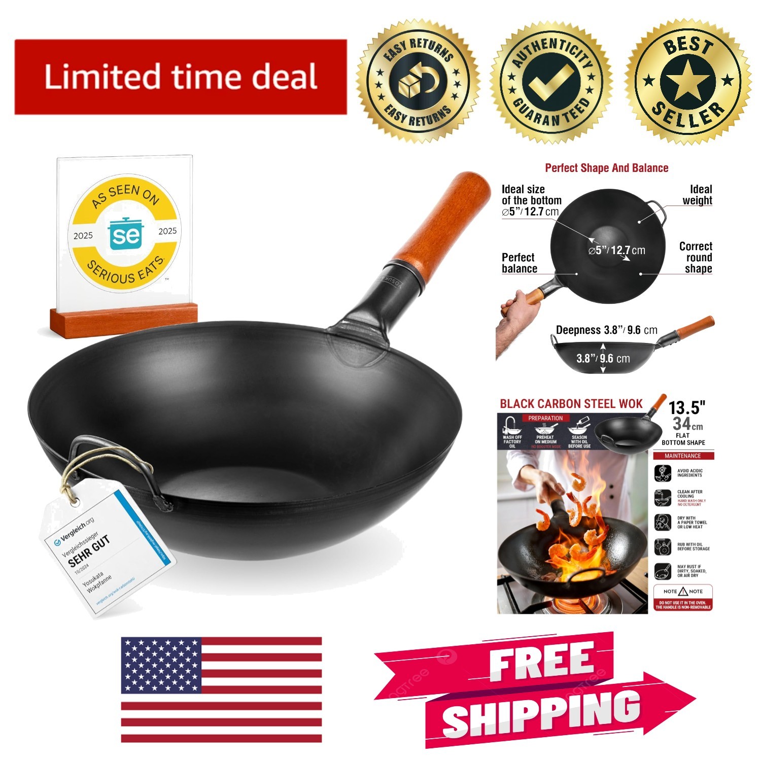 Authentic 13.5″ Flat Bottom Carbon Steel Wok for Induction & Open Fire Cooking