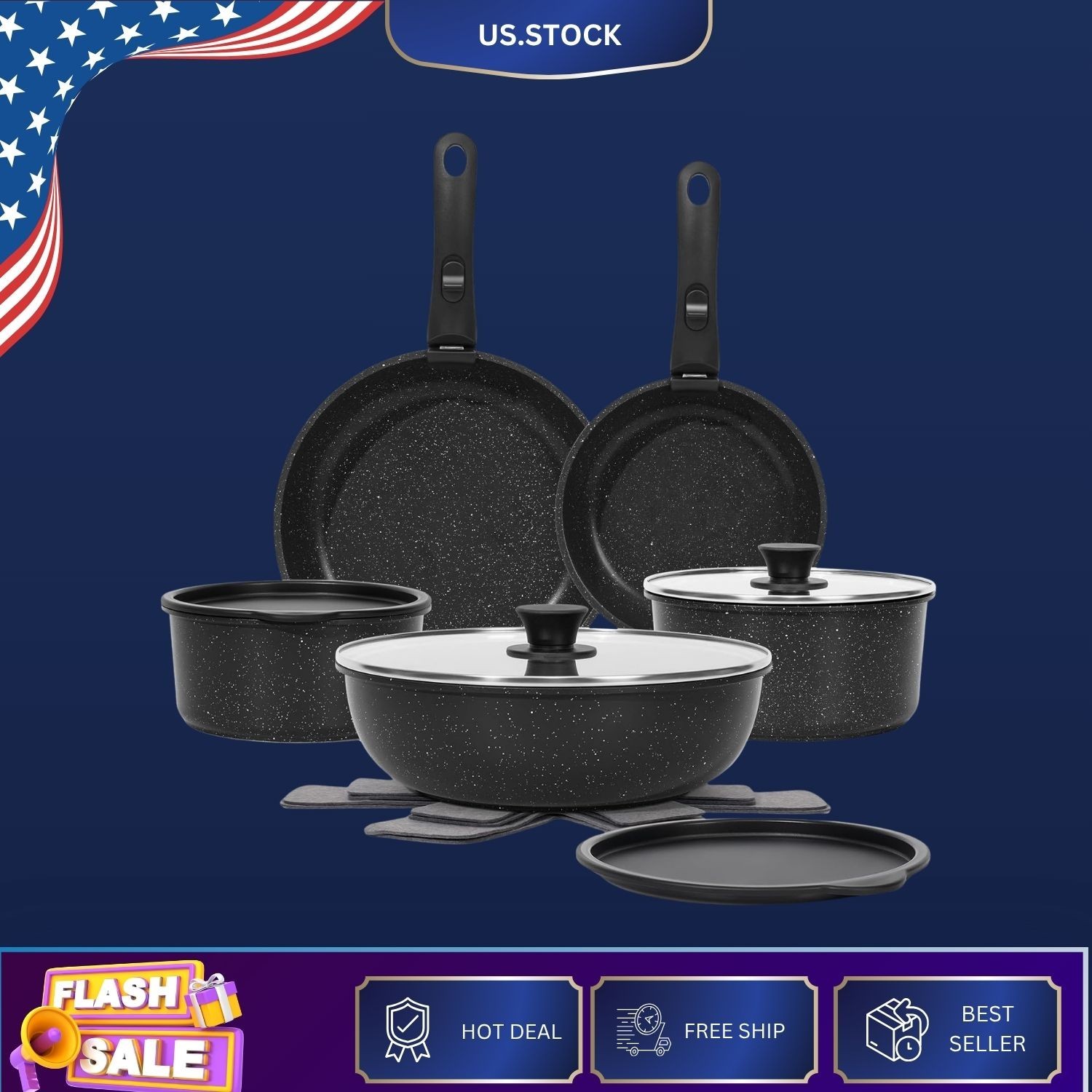 15pcs Nonstick Pots and Pans Set Detachable Handles Oven Safe Induction Black