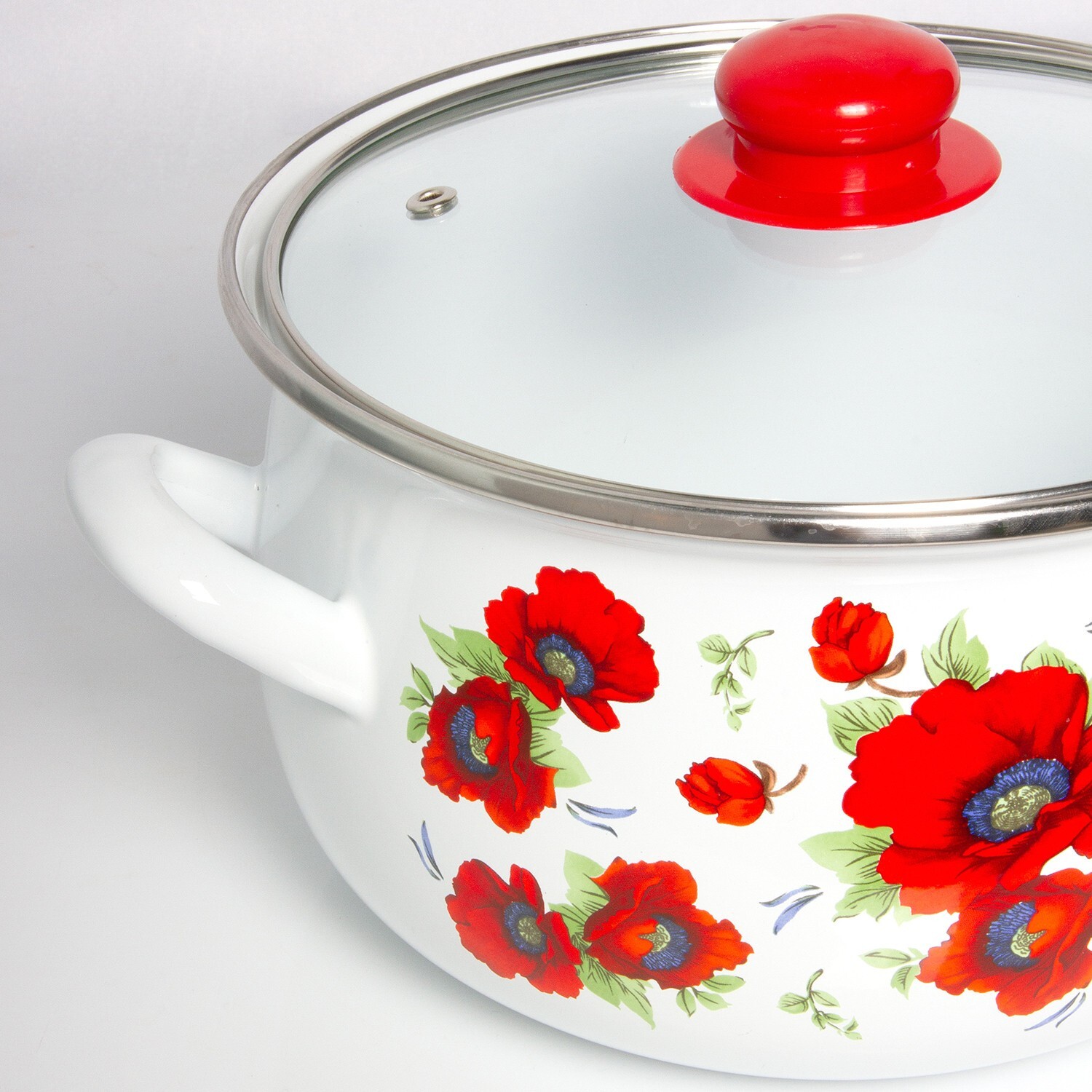 POPPY FLOWERS Enamelware Stockpot with Glass Lid, Enameled Cooking Pot 4 qt