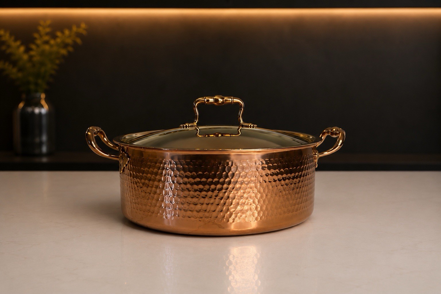 Hammered Copper Hot Pot with Lid Decorative Serving Pot 12.5”