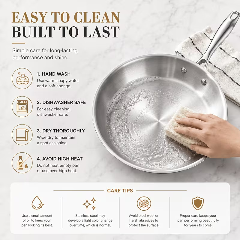 Stainless Steel Premium Triple-Layer 8-in Frying Pan Rapid and Even Heating.