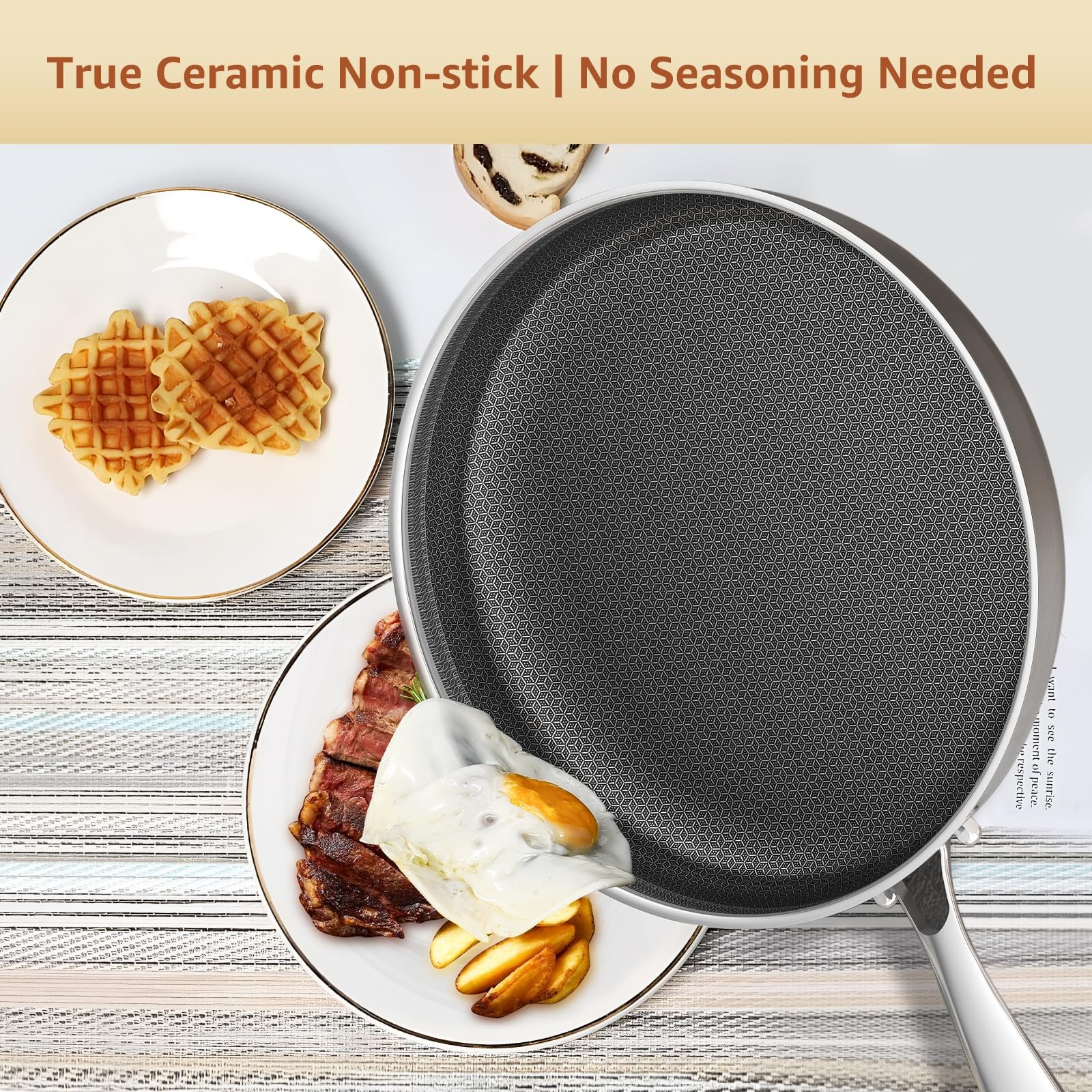 10 In Hybrid Nonstick Stainless Steel Sauté Pan with Lid,Deep Frying Pan,Skillet