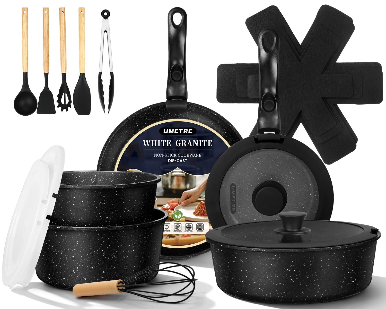 Nonstick Cookware Set with Removable Handle, 21 PCS Induction Pots & Pans, Oven