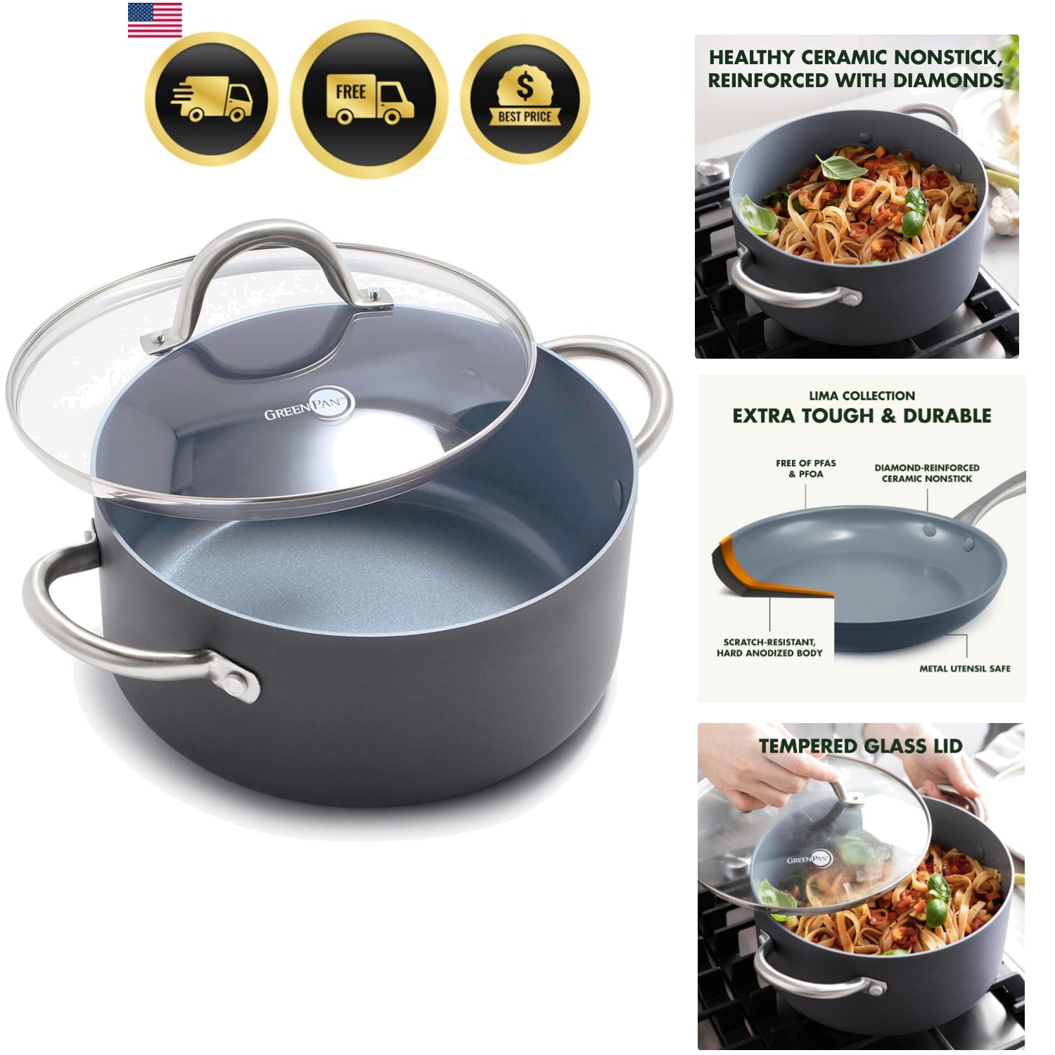 Nonstick Stock Pot Ceramic 5.2QT with Glass Lid Oven Safe Cookware Gray