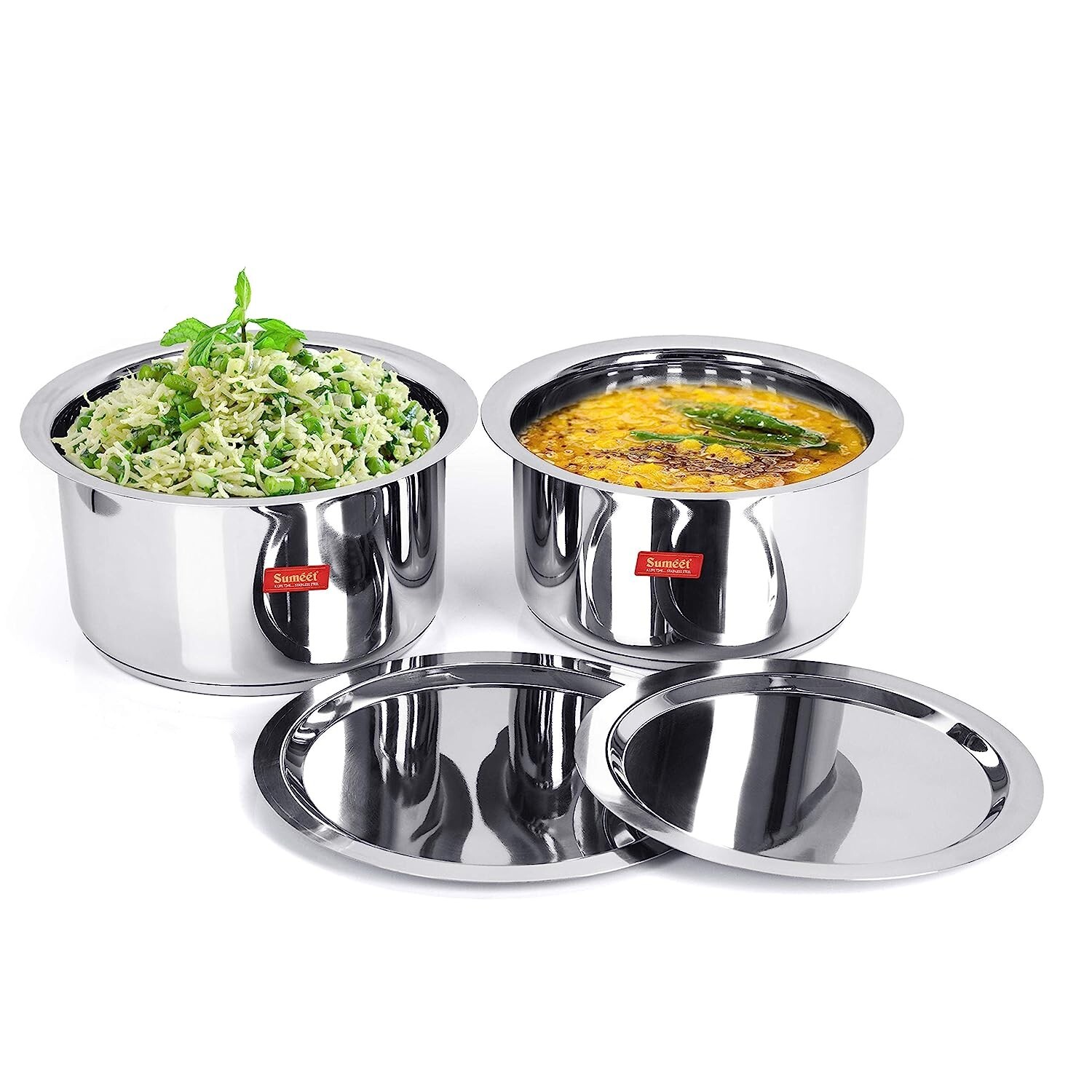 Stainless Steel Mirror Finish Cookware Tope With Lid Capacity 5, 6 Ltr Set of 2