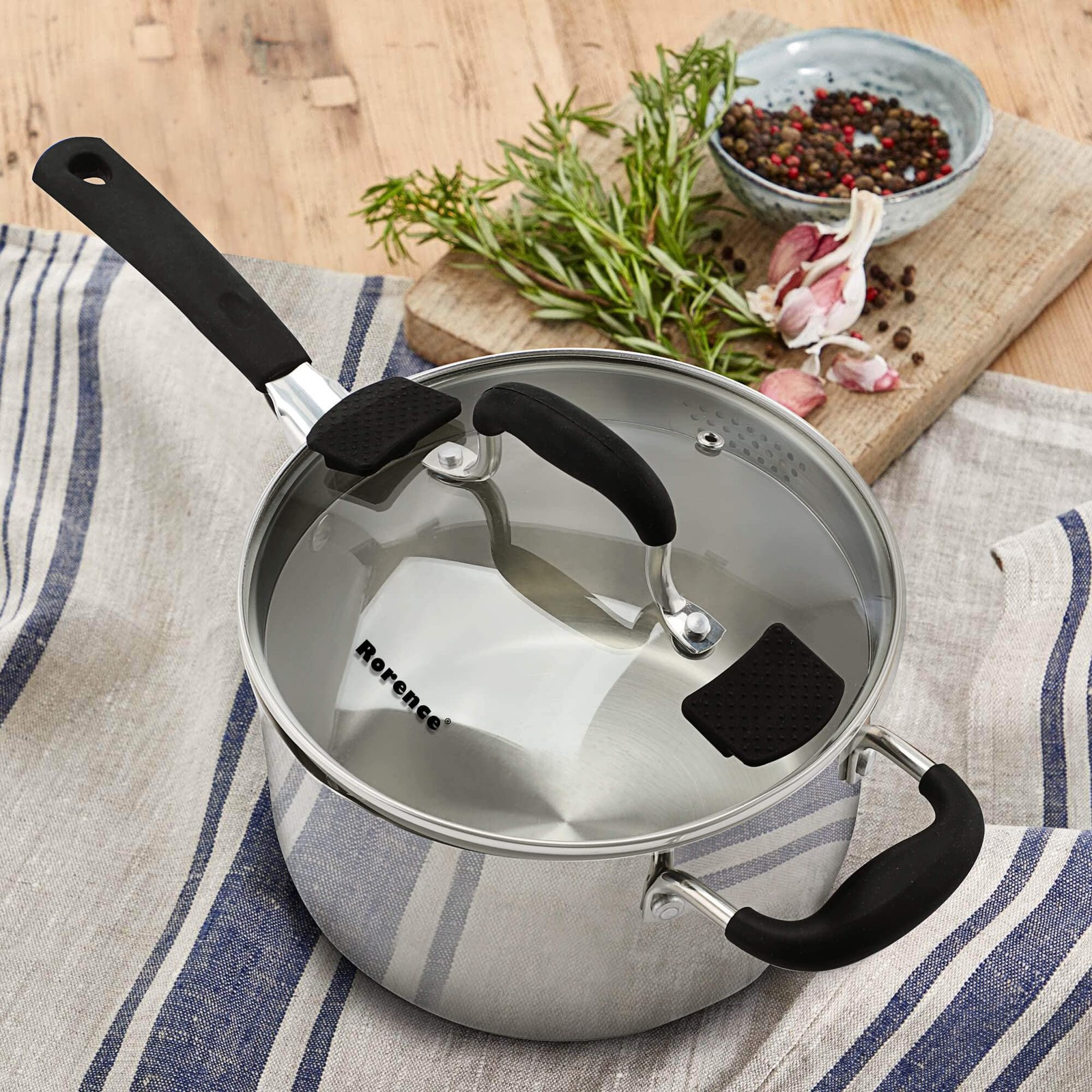Rorence 3.7 Quart Glass Lid Stainless Steel Sauce Pan Two Sides Pour Silicone