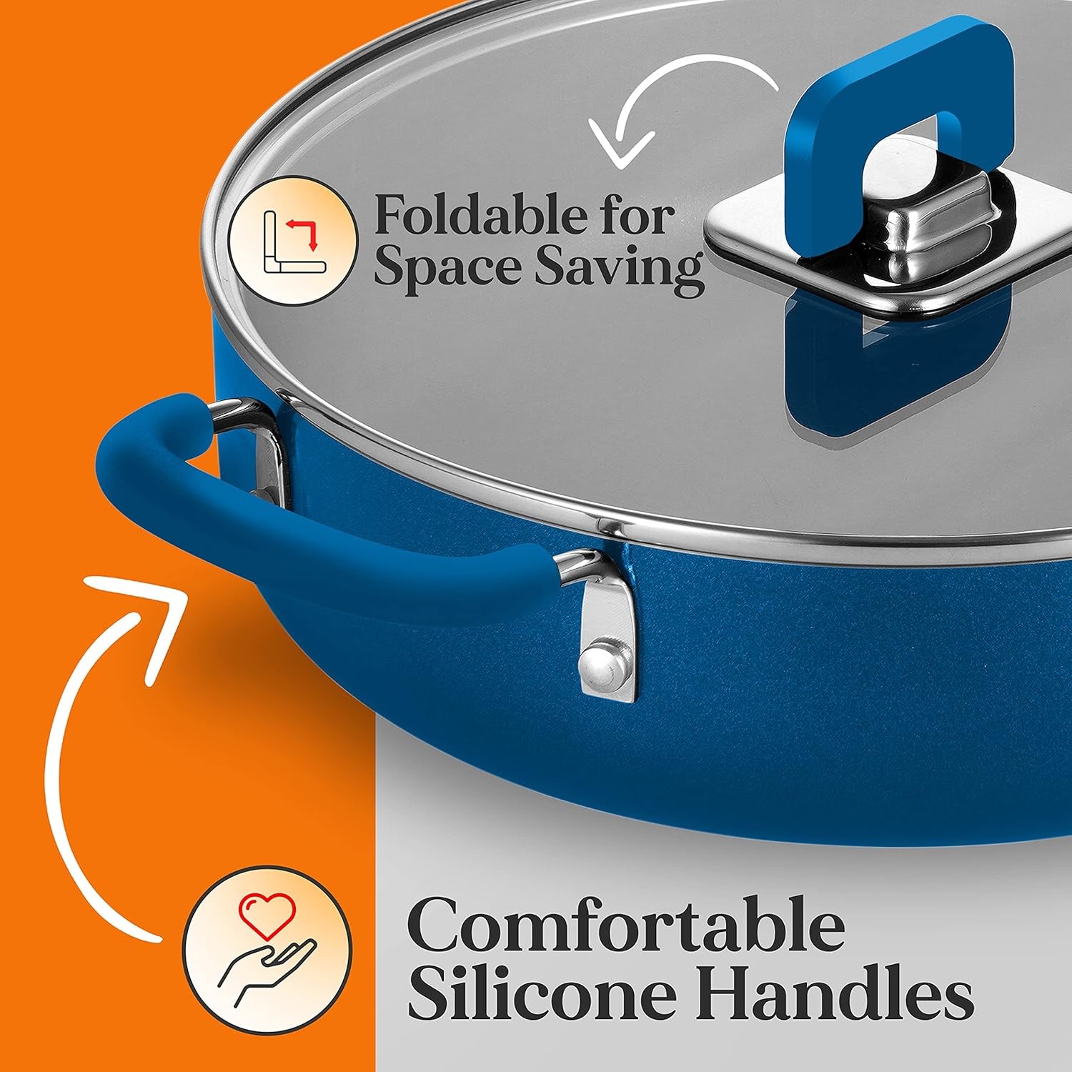 NutriChef 3.7Qt Saute Pan With Lid – Non-Stick Stylish Kitchen Cookware Blue