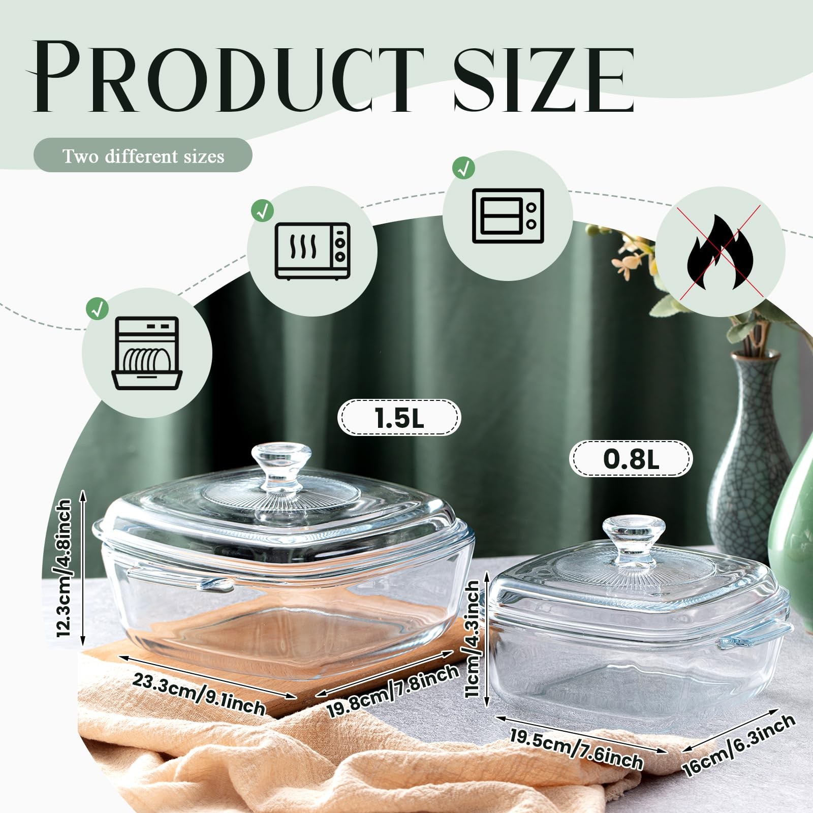 Maxcheck 2 Pieces Glass Casserole Dish Lid 0.8L/ 1.5L Baking Casserole Dish