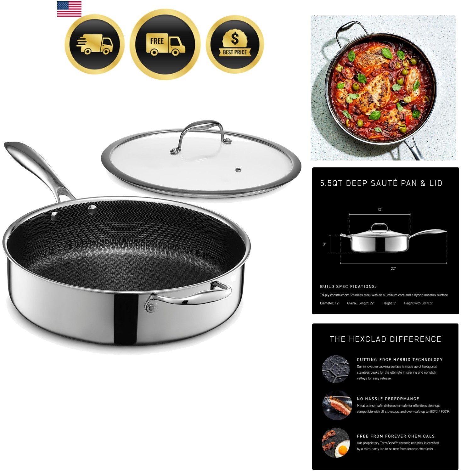 Hybrid Nonstick 5.5-Quart Deep Sauté Pan with Tempered Glass Lid, Stay-Cool H…