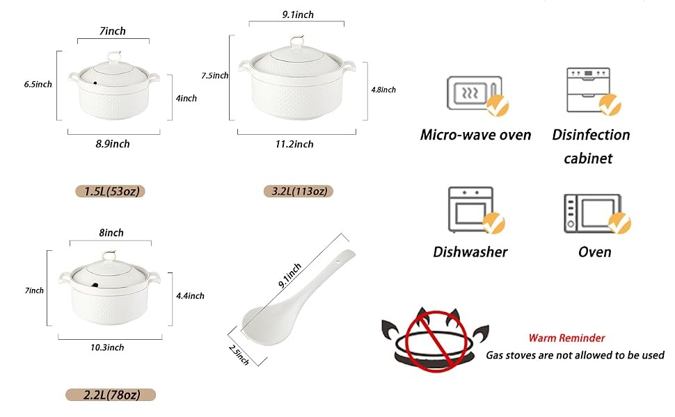 White Soup Tureen with Gold Design,Double Handle Soup Serving Bowl with Lid and