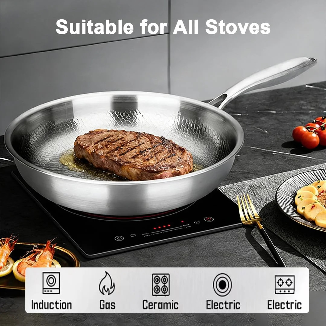 Titanium Frying Pan with Lid, 26cm Professional Stainless Steel Skillet, Nonstic