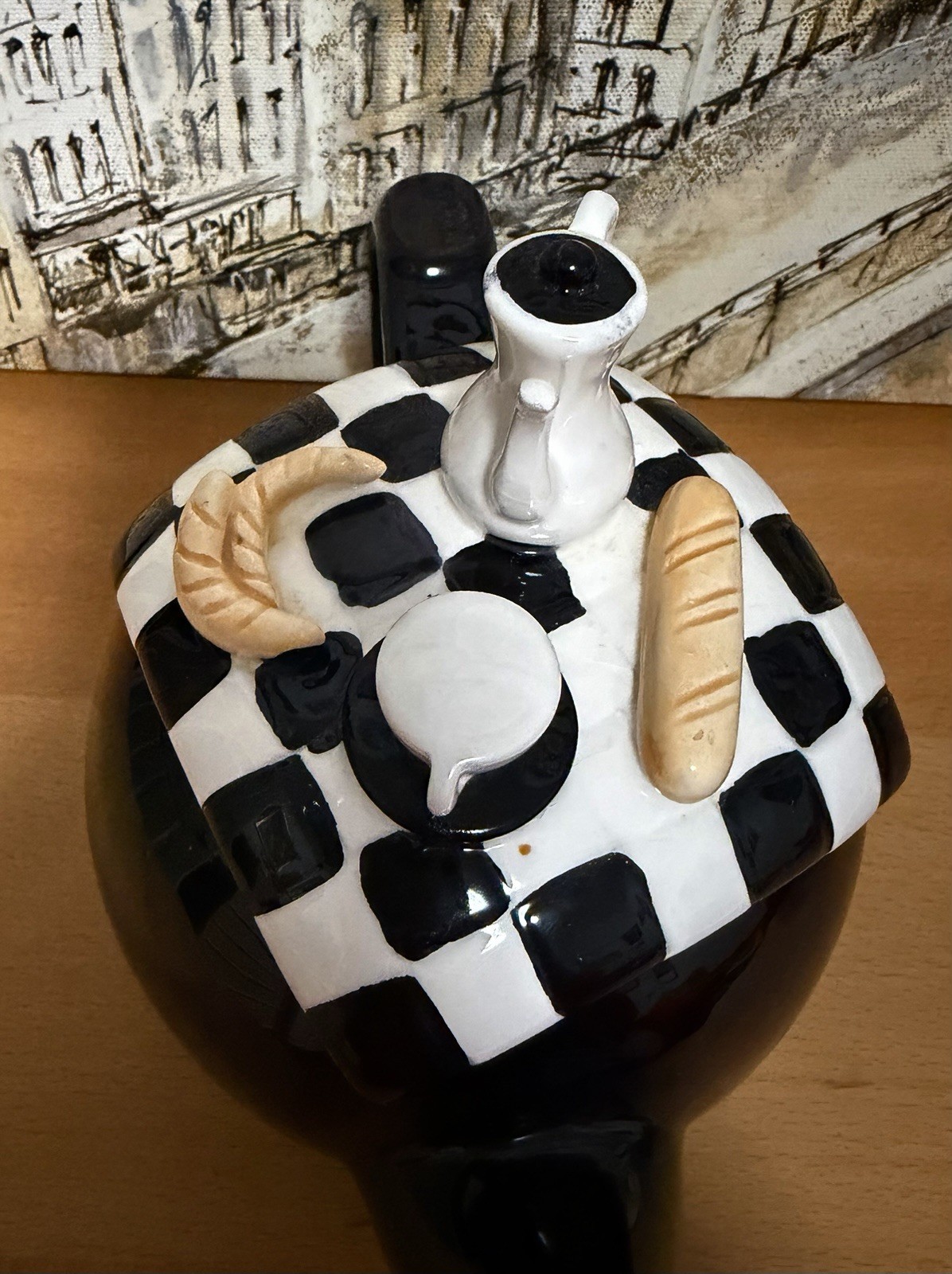 Vintage Black Teapot Checkerboard Estia Gourmet 32 oz. New Without Box.