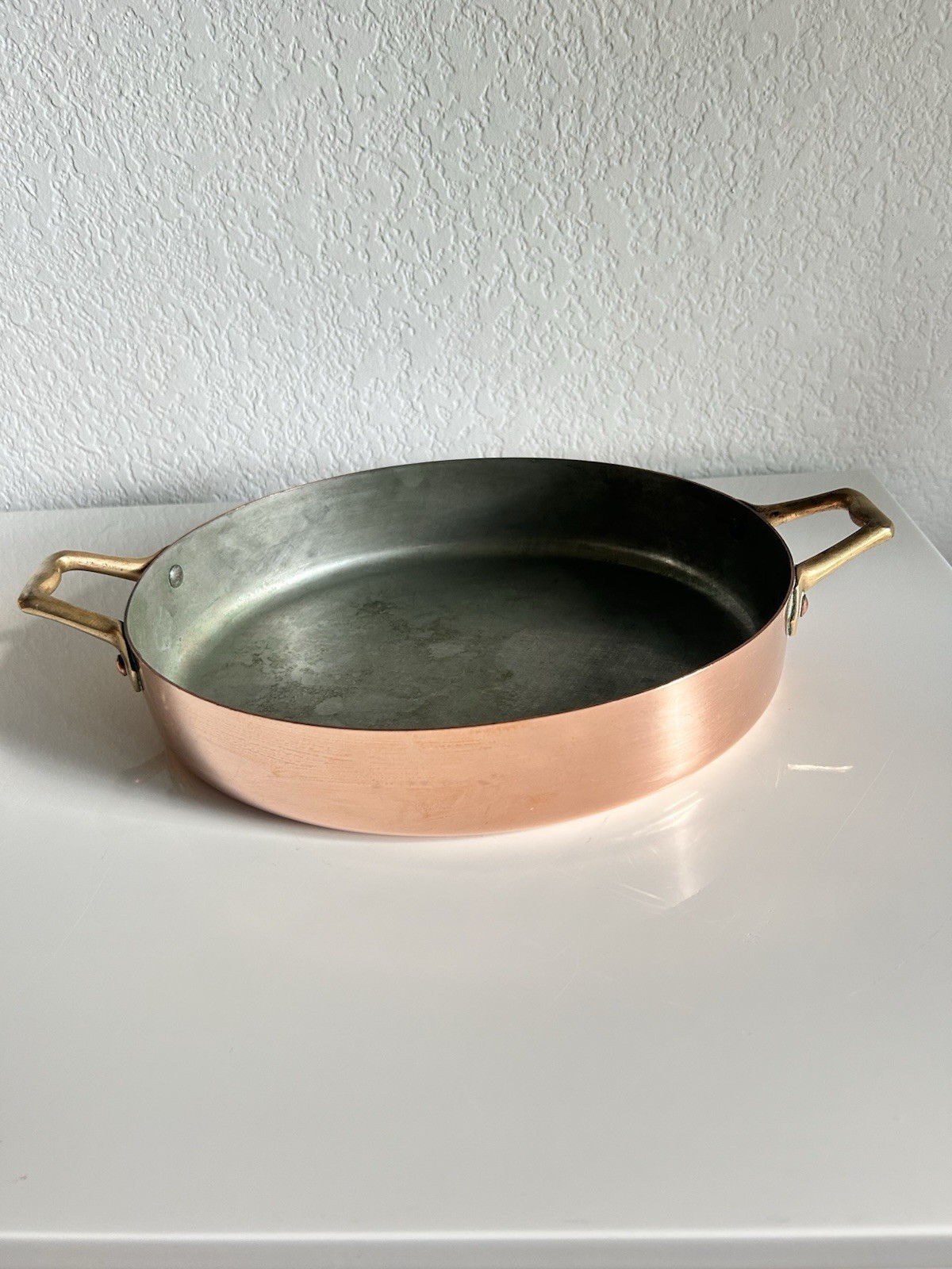 Vintage Copper Tin Lined Brass Handle Gratin Pan Set 2 Cobre Made in Chile