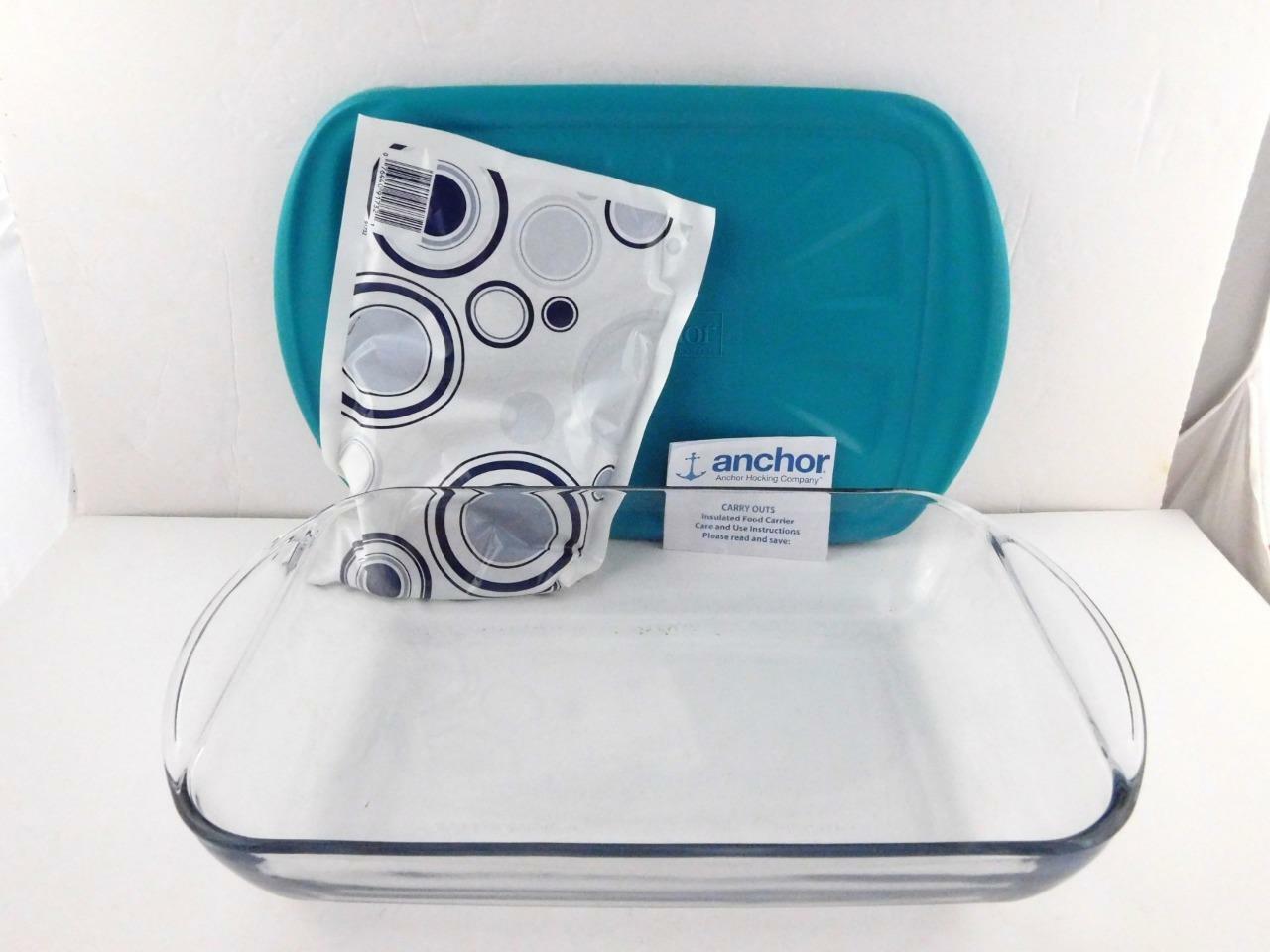 ANCHOR HOCKING 4 PC Bake-N-Take Set Open Box in Package Blue Case