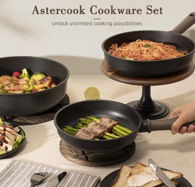 Astercook Non-Stick Pots and Pans Set, Healthy Non-Toxic Kitchen Set 19PCS