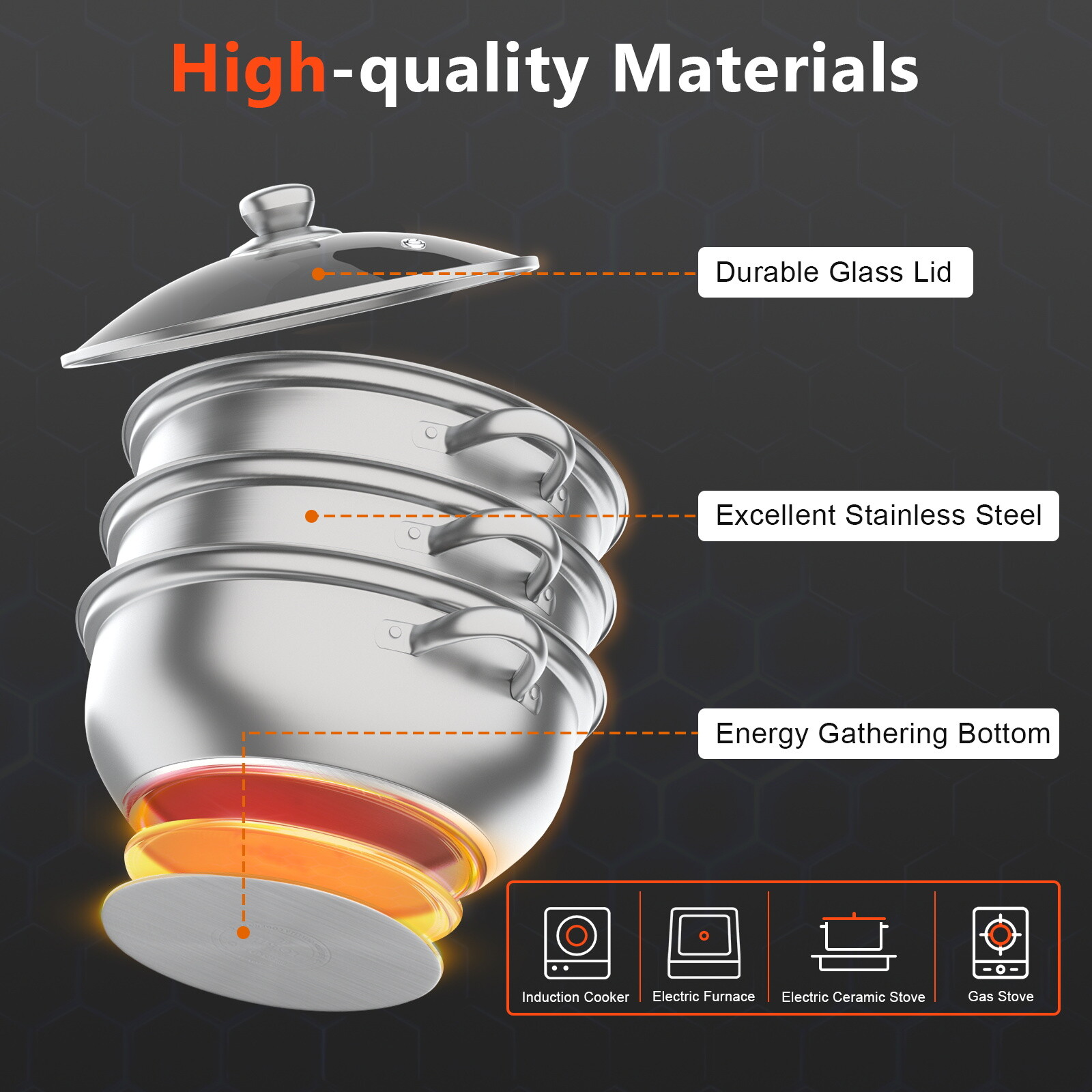3Tier Steamer Cooker Steam Pot Food Veg Cooking Stainless Steel Kitchen Cookware