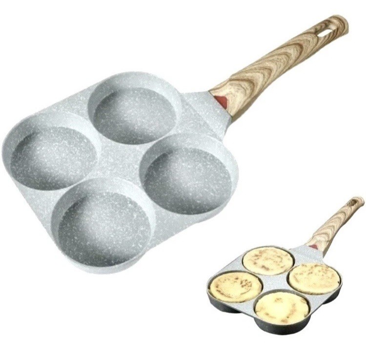 4 Hole Cup Egg Hamburger Pancake Maker Non-Stick Frying Pan with Wooden Handle💕
