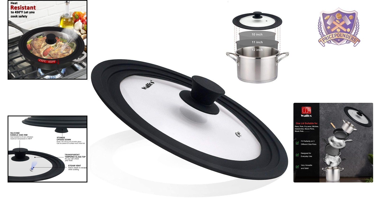 Universal Pot and Pan Lid Tempered Glass Silicone Rim Fits 10 11 12 Inches