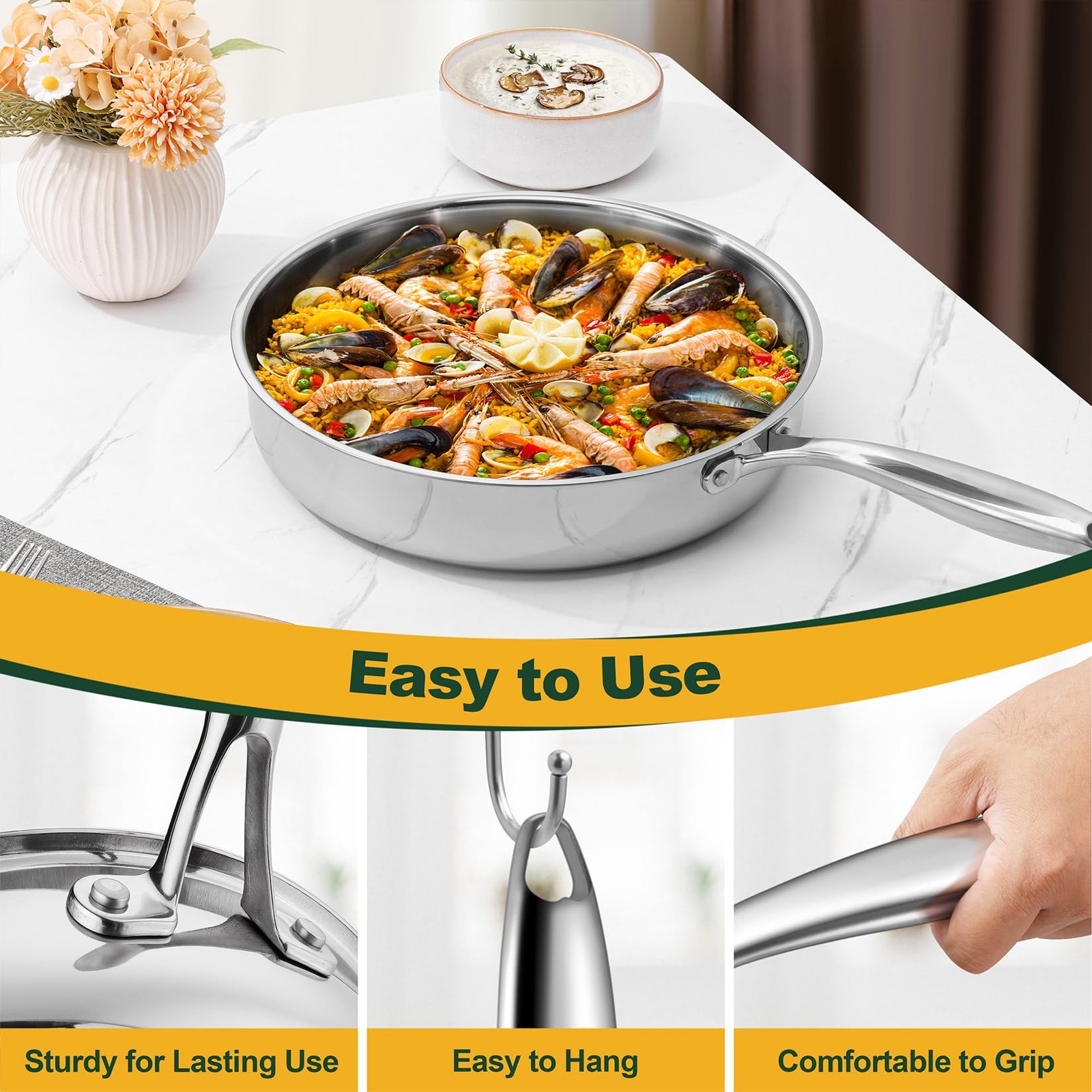 12 Inch Stainless Steel Frying Pan, 3-Ply Stainless Steel Pan Skillet, Induct…