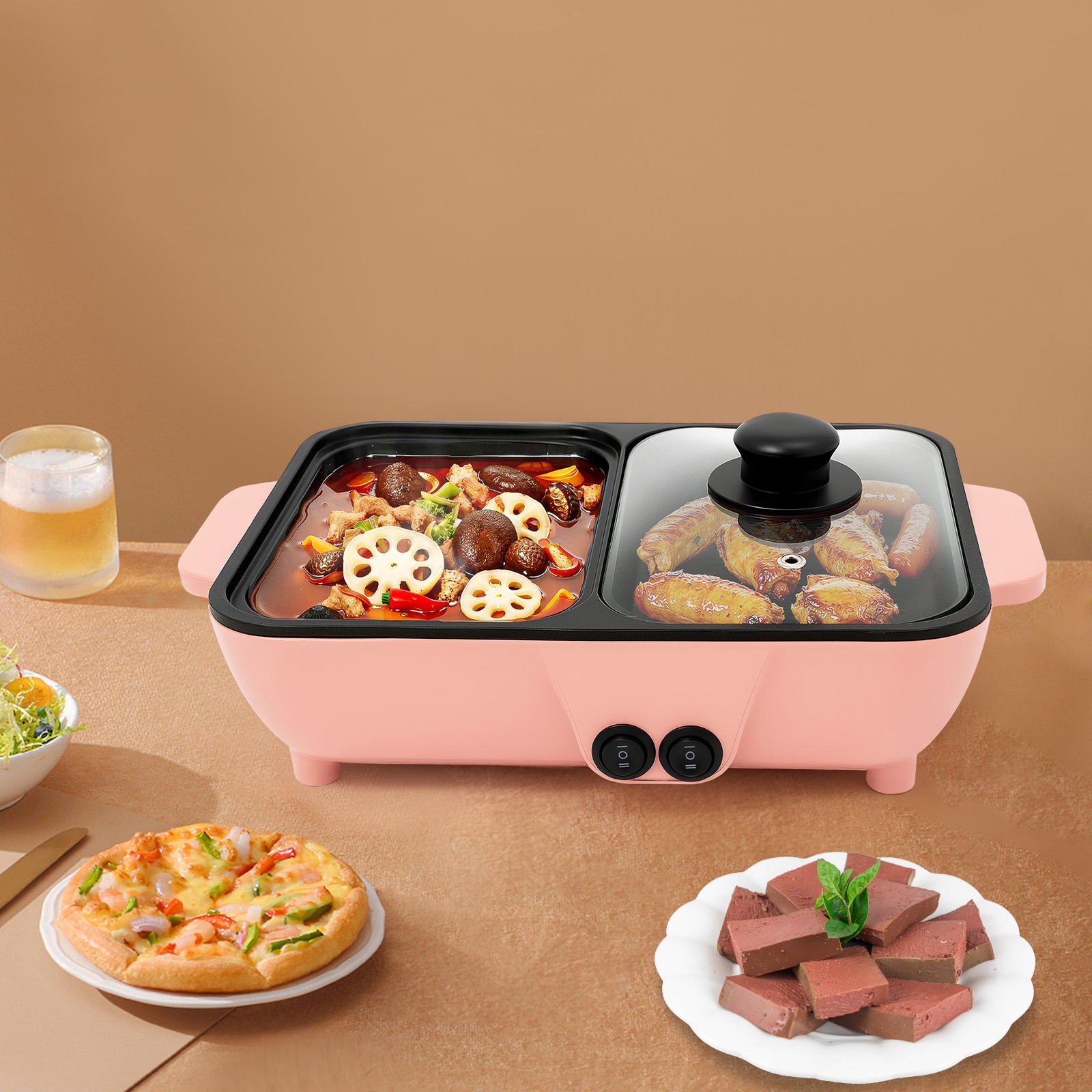 110V 2-in-1 Hot Pot with Clear Lid, Electric Non-Stick Pan for Boiling & Frying