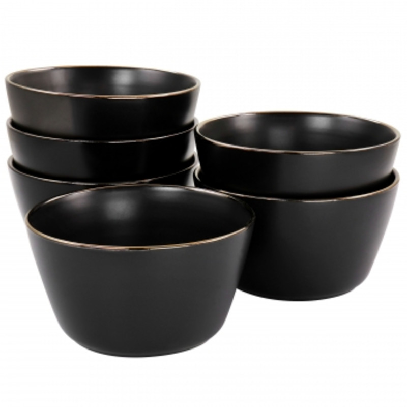 Elama Paul 6 Piece Stoneware Bowl Set In Matte Black With Gold Rim