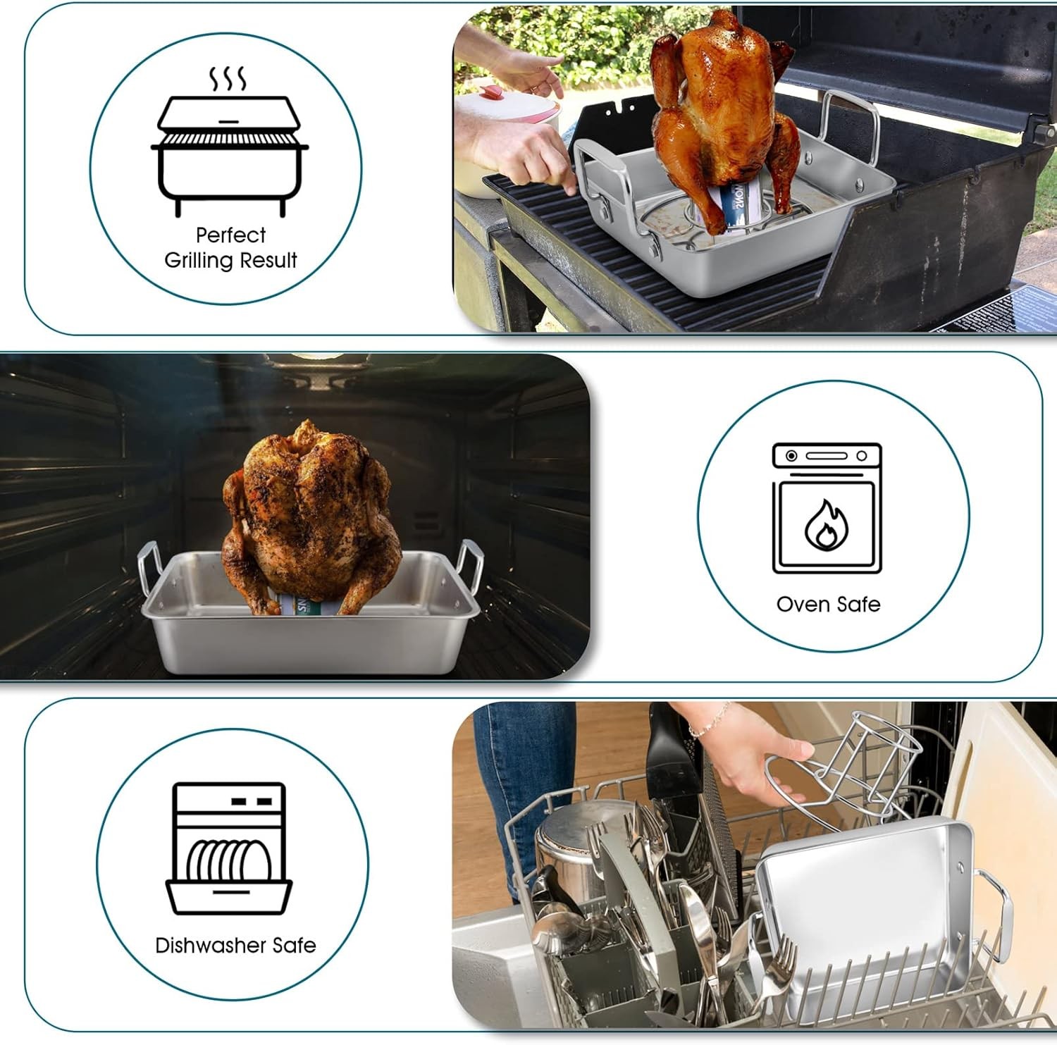 TeamFar Roasting Pan with Beer Can Chicken Holder, Stainless Steel Silver