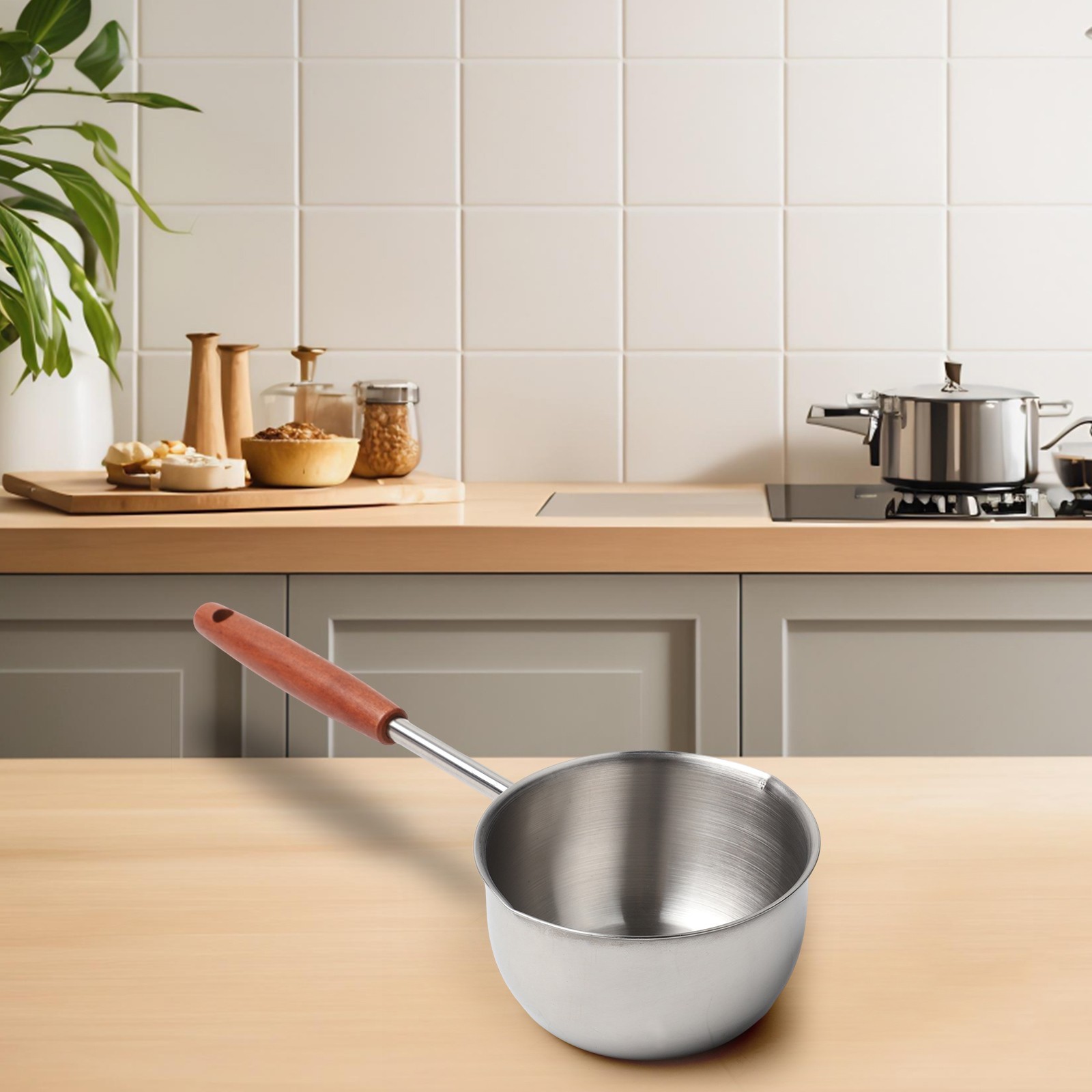 Compact 300ml Stainless Steel Frying Pan with Extended Wooden Handle Design