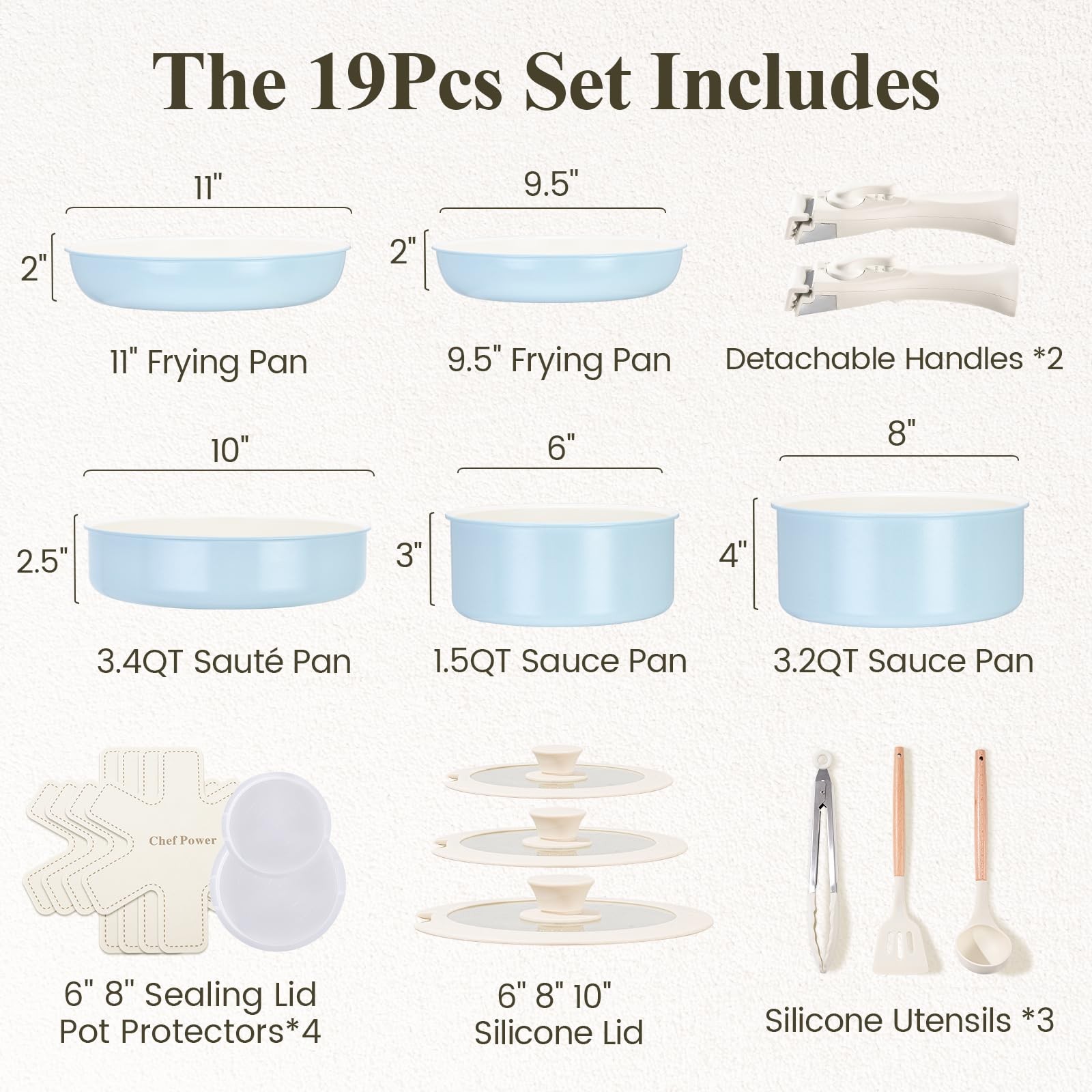 Chef Power Ceramic Nonstick Pots and Pans Set 19 Piece 19 Pcs Set, Light Blue