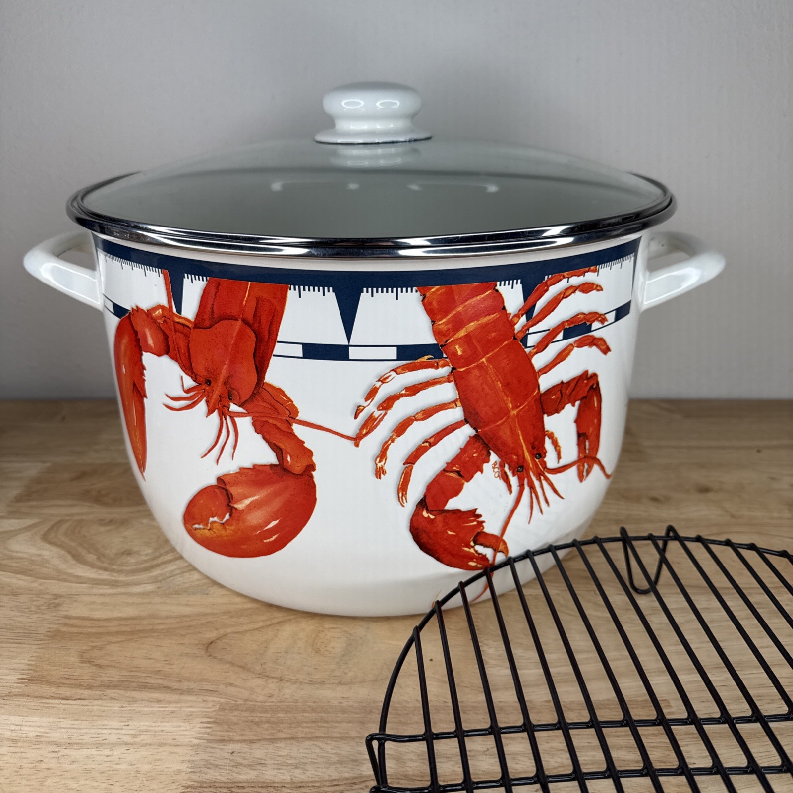 New Large Golden Rabbit Lobster Enamelware 18 Quart Stock Pot, Glass Lid, Rack