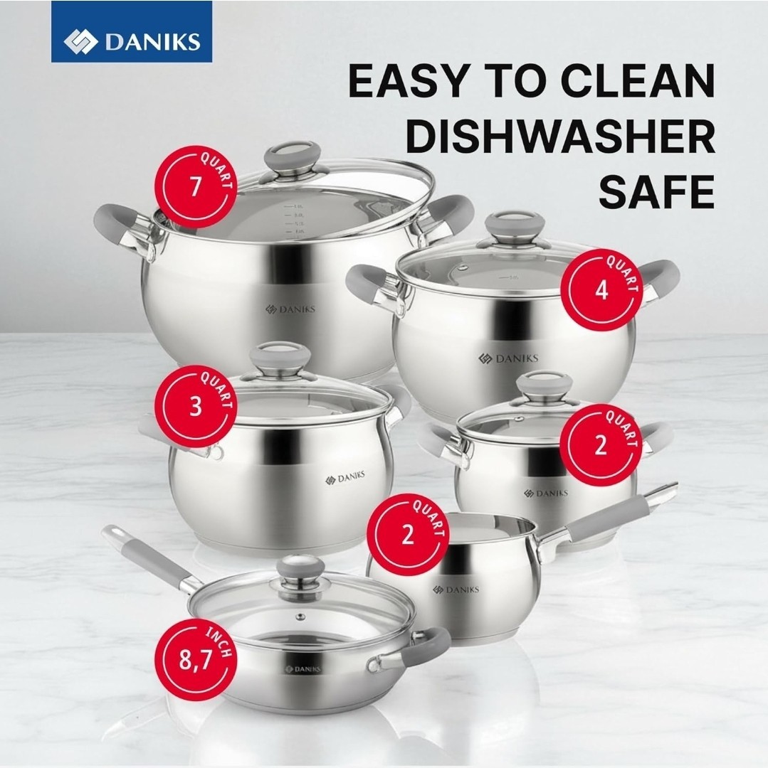 Daniks Modern 11 Pcs Premium Stainless Steel Cookware Set Glass Lids Dishwasher